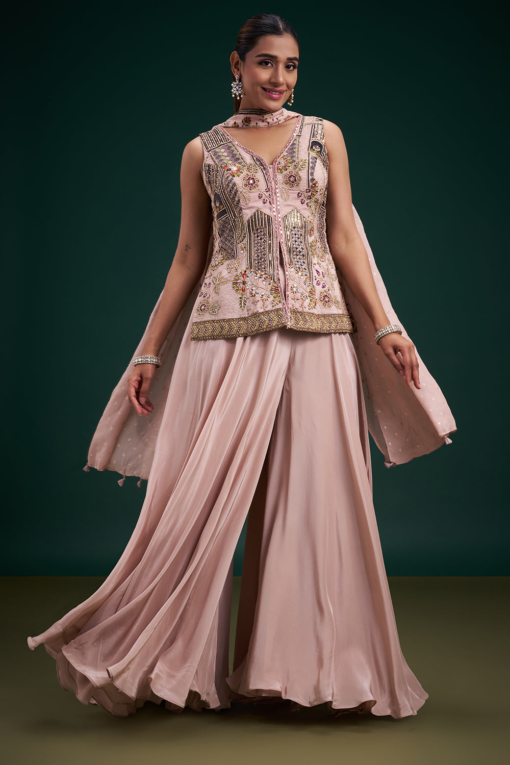 Old Rose Pink Pure Crepe Indo-Western Suit with Mirror and Cutdana Work