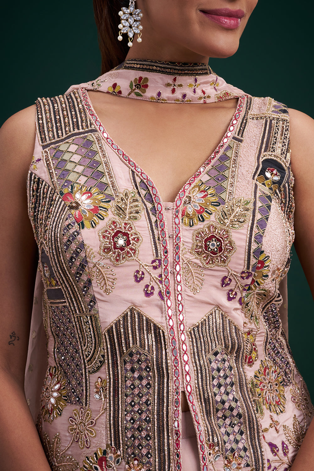 Old Rose Pink Pure Crepe Indo-Western Suit with Mirror and Cutdana Work