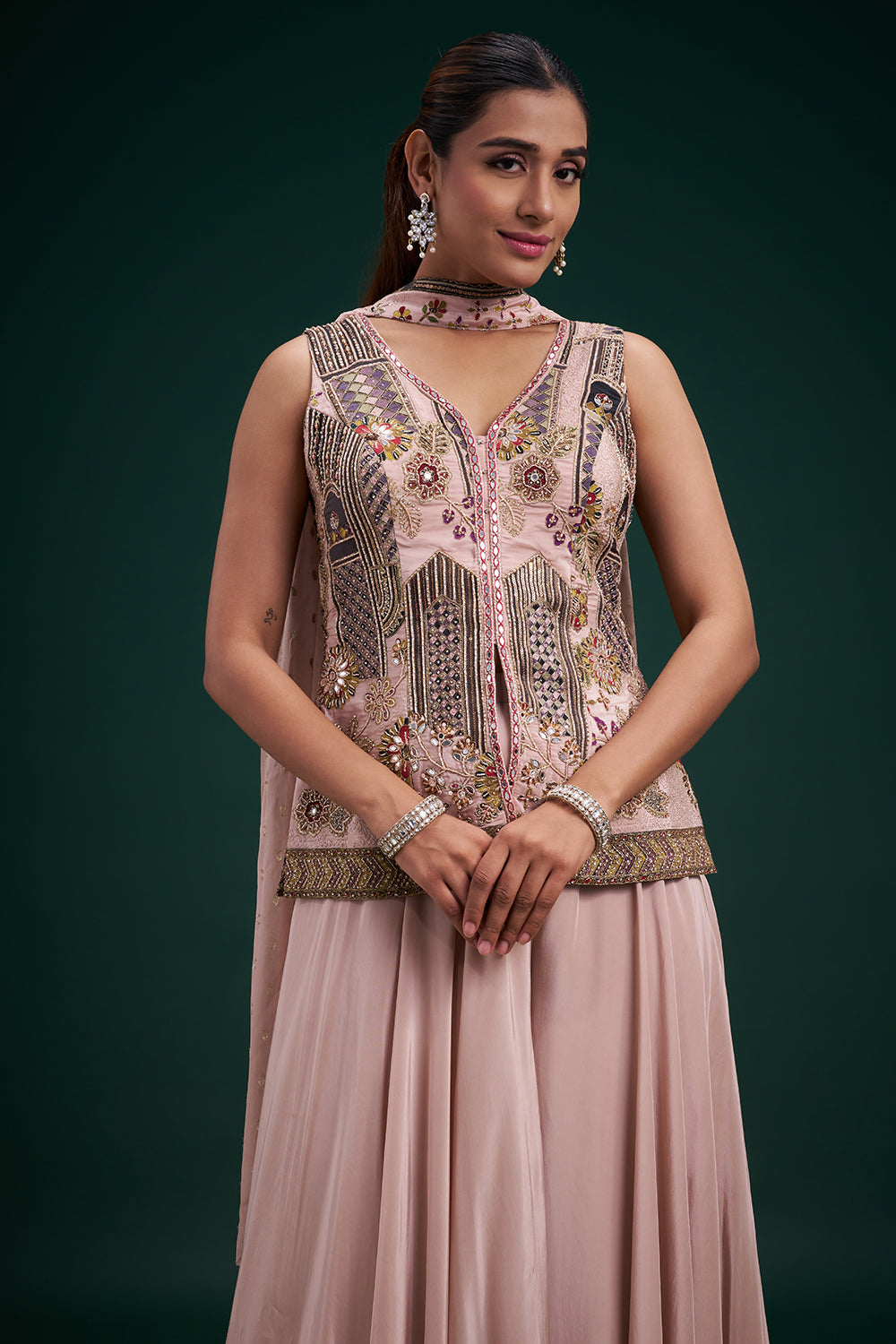 Old Rose Pink Pure Crepe Indo-Western Suit with Mirror and Cutdana Work
