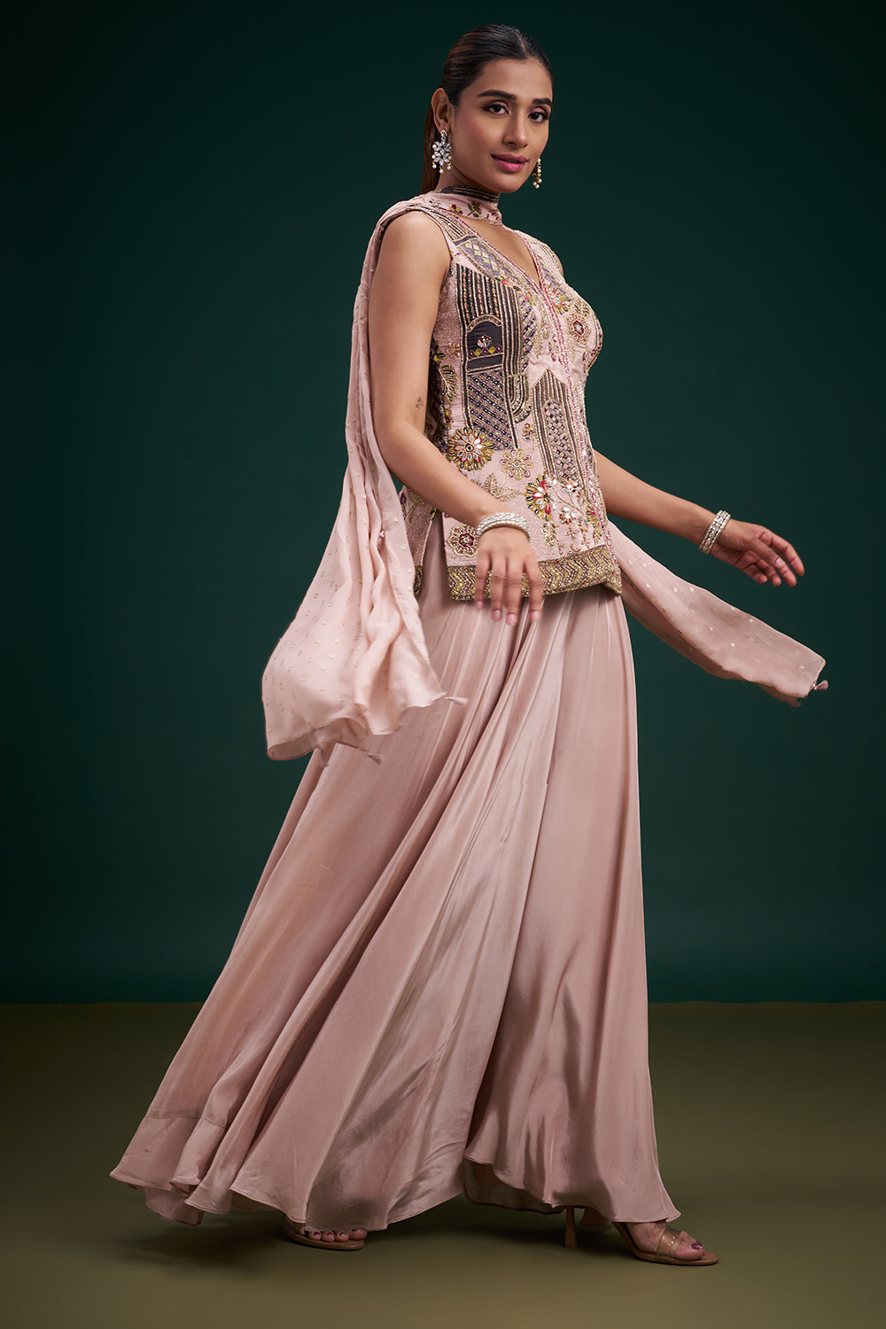 Old Rose Pink Pure Crepe Indo-Western Suit with Mirror and Cutdana Work