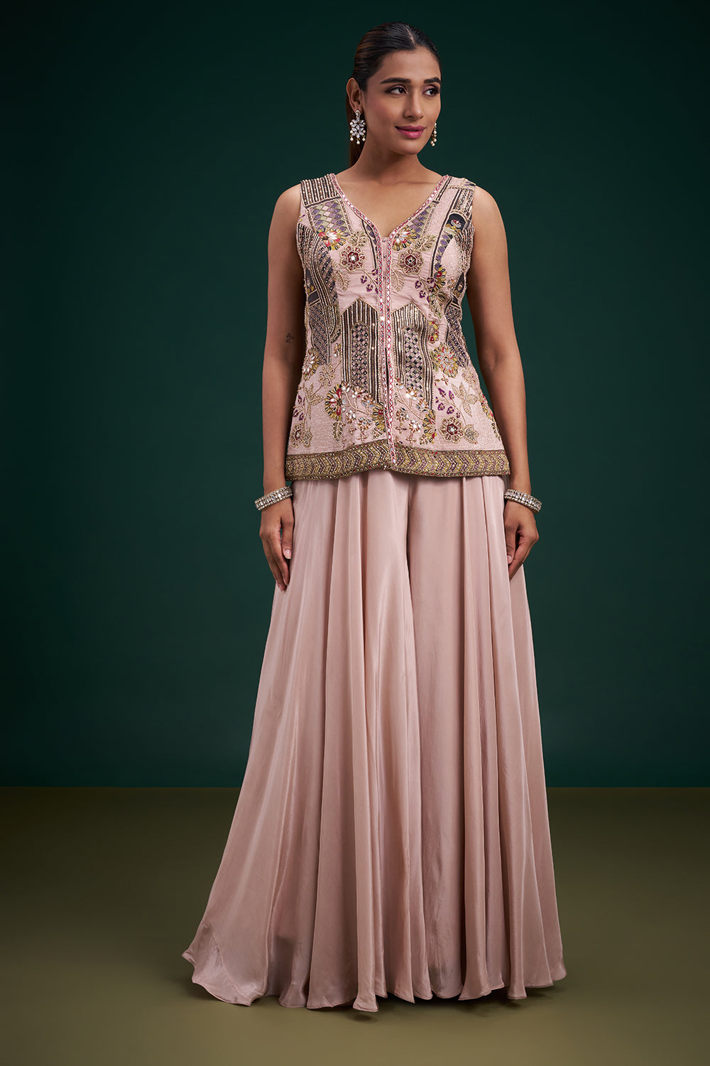 Old Rose Pink Pure Crepe Indo-Western Suit with Mirror and Cutdana Work
