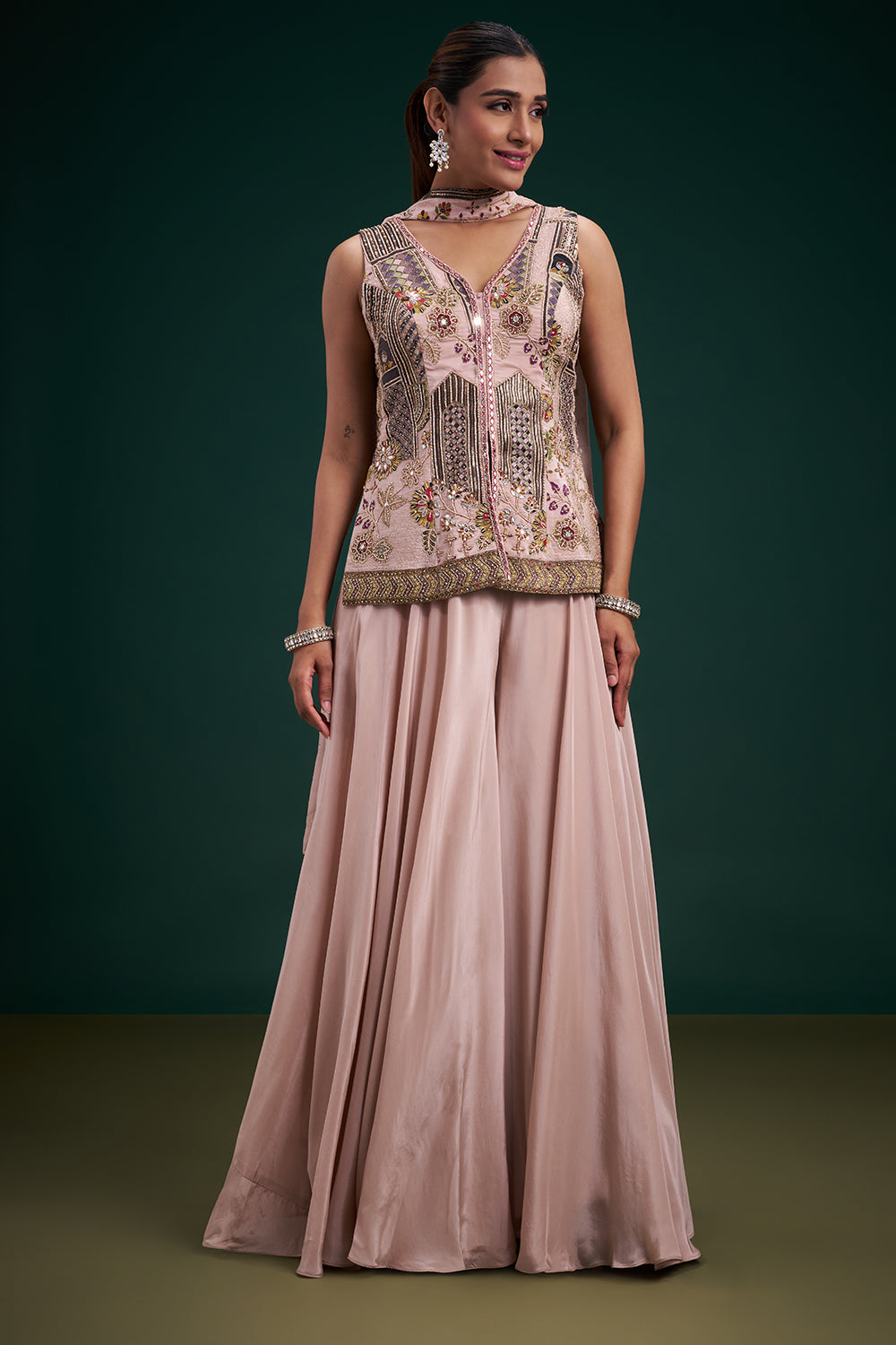 Old Rose Pink Pure Crepe Indo-Western Suit with Mirror and Cutdana Work