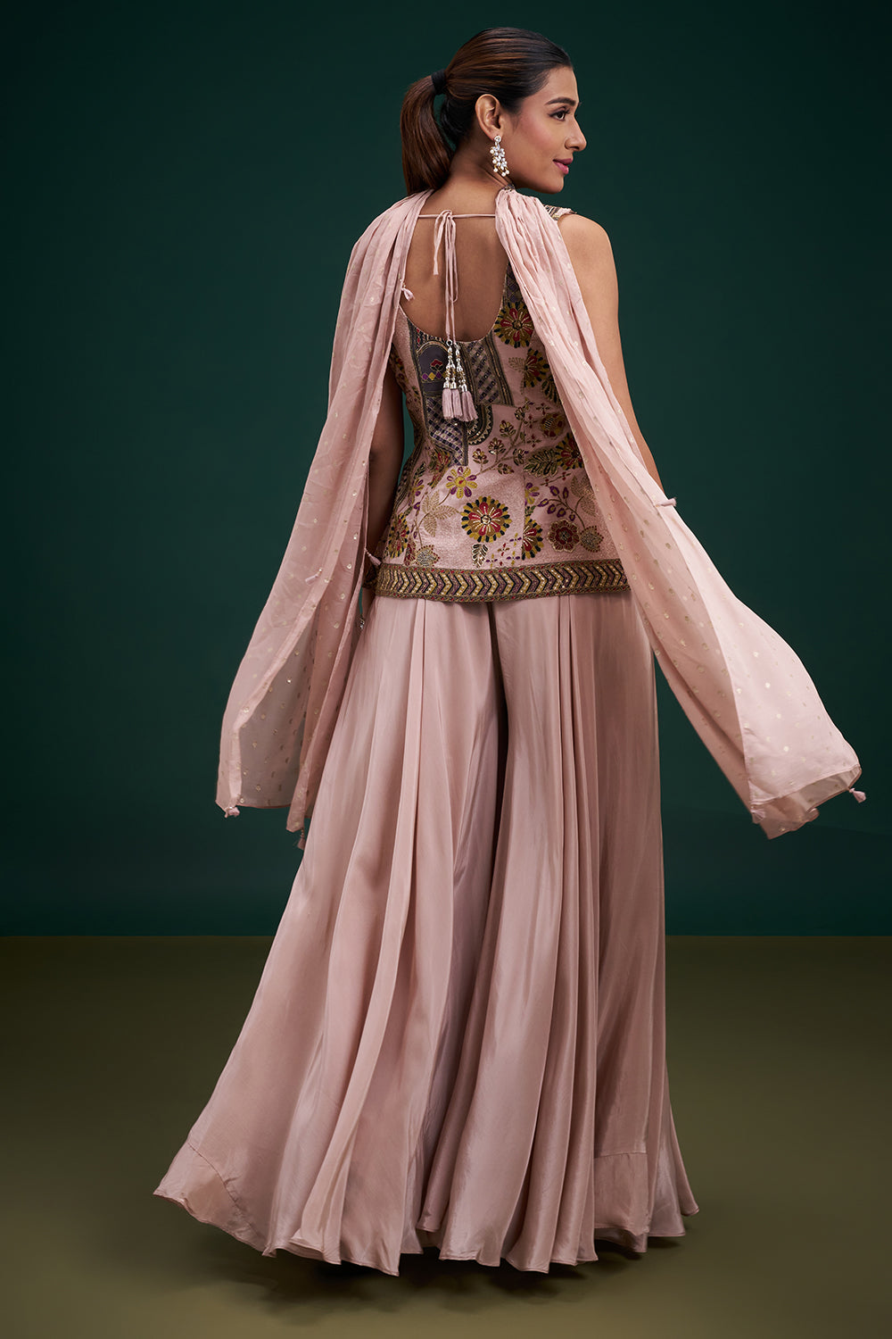 Old Rose Pink Pure Crepe Indo-Western Suit with Mirror and Cutdana Work