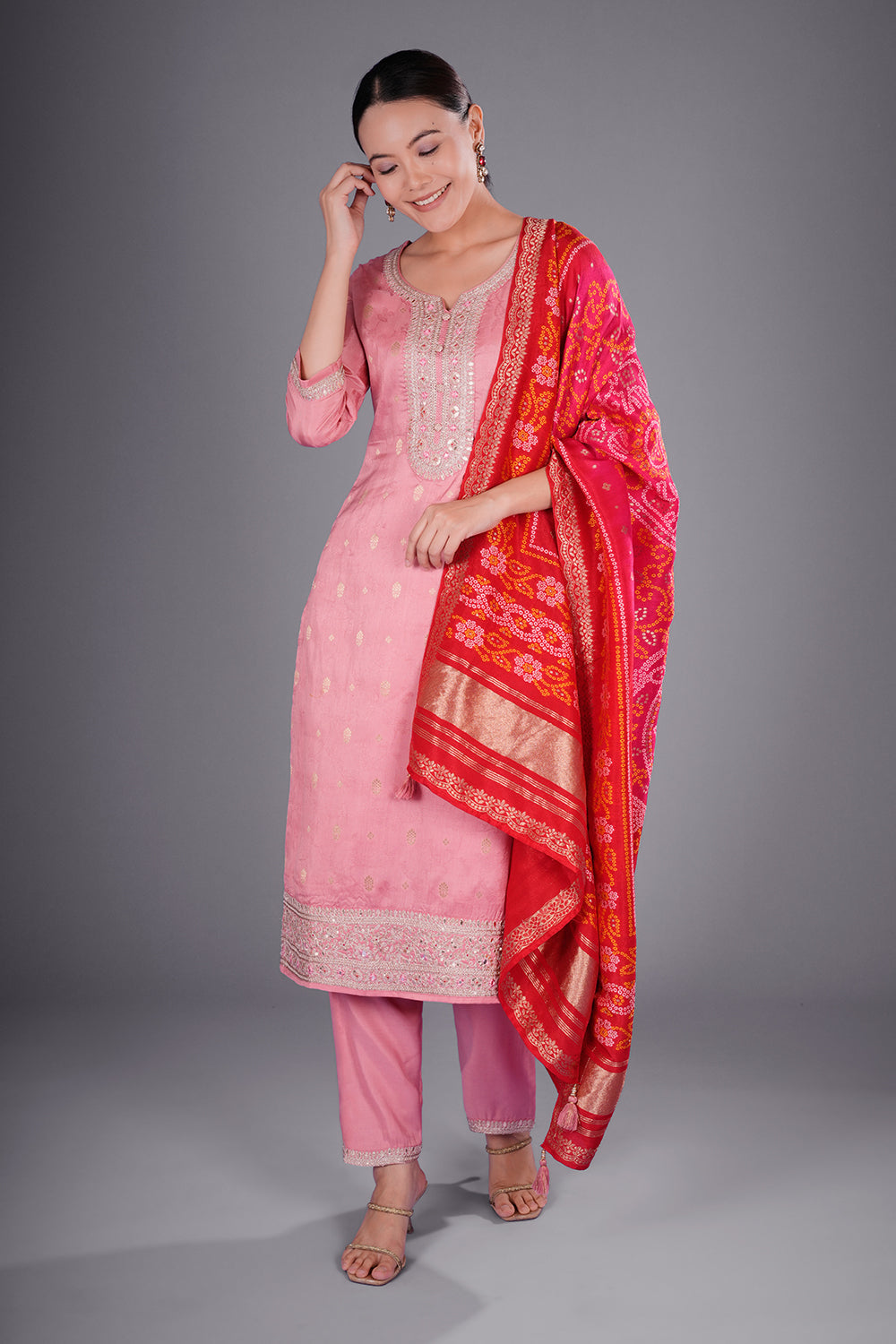 Old Rose Pink Pure Silk Jacquard Kurta Set with Zardozi Embroidery