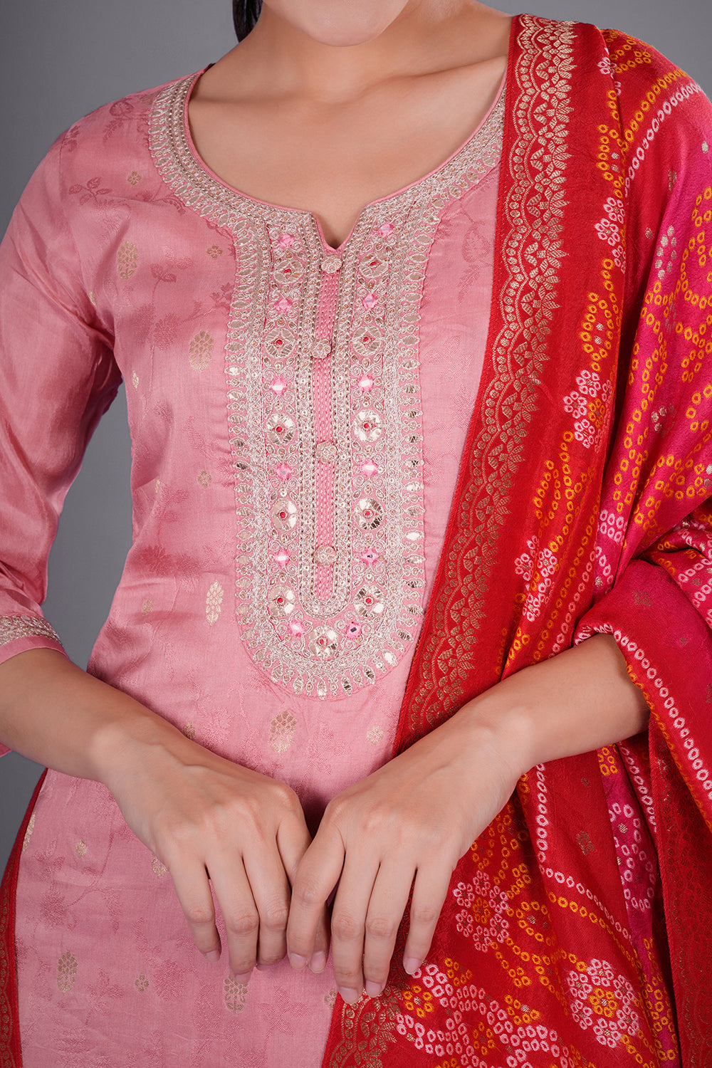 Old Rose Pink Pure Silk Jacquard Kurta Set with Zardozi Embroidery