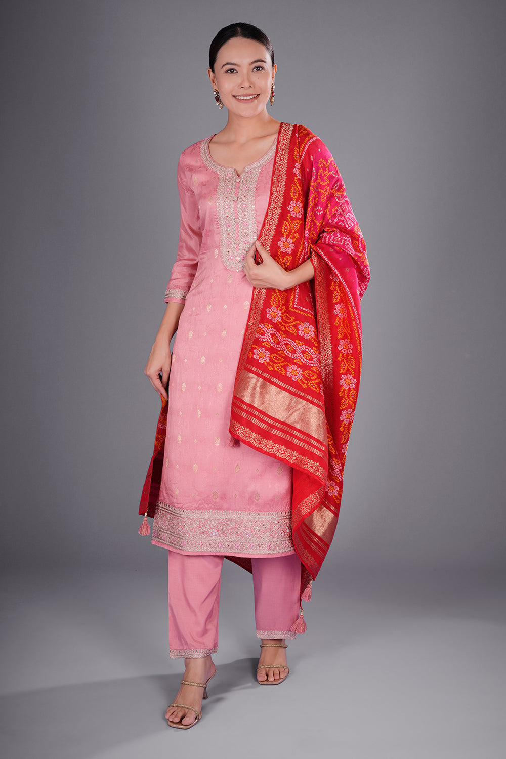 Old Rose Pink Pure Silk Jacquard Kurta Set with Zardozi Embroidery