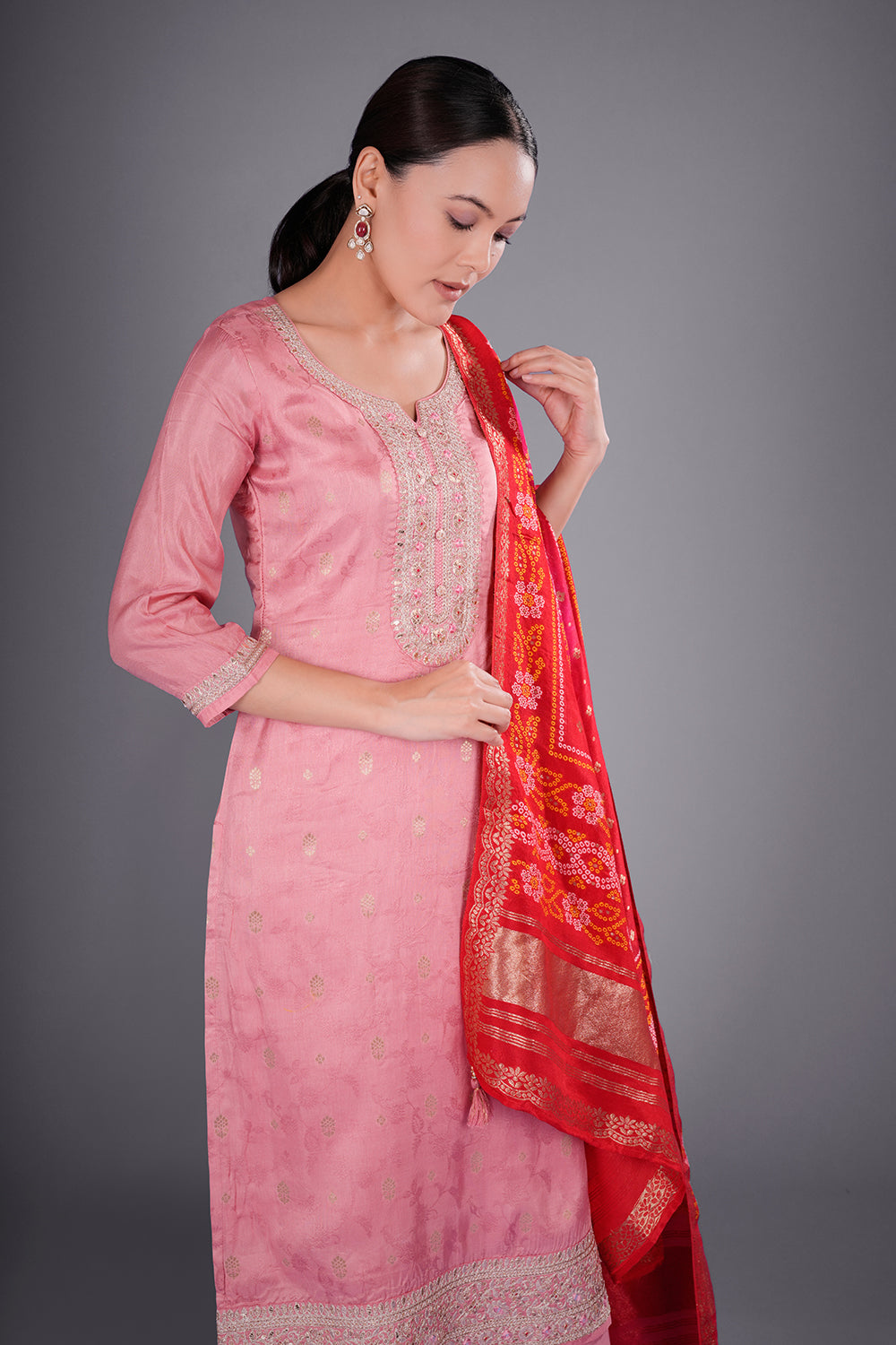 Old Rose Pink Pure Silk Jacquard Kurta Set with Zardozi Embroidery