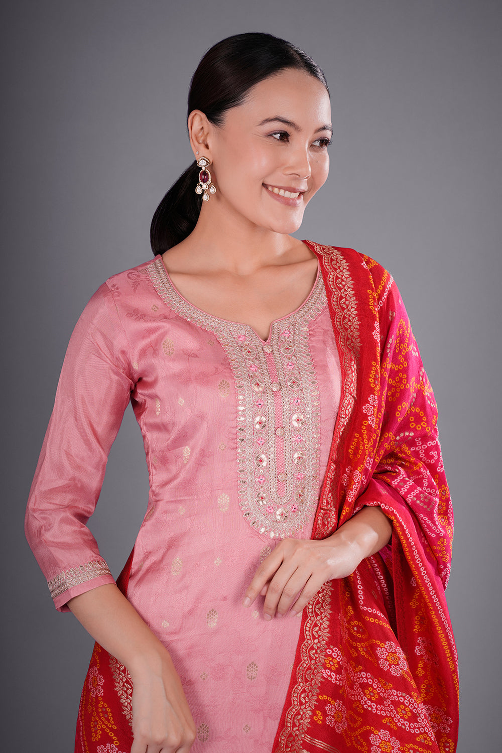 Old Rose Pink Pure Silk Jacquard Kurta Set with Zardozi Embroidery
