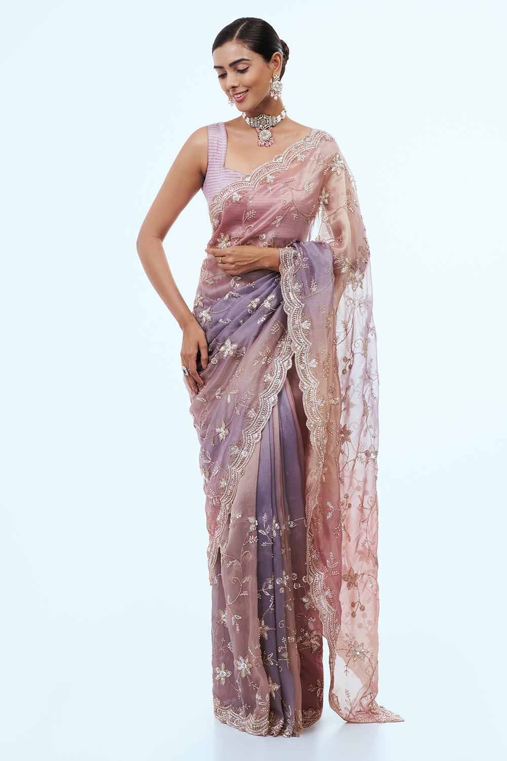 Old Rose Pink Shimmer Organza Saree with Zari Work