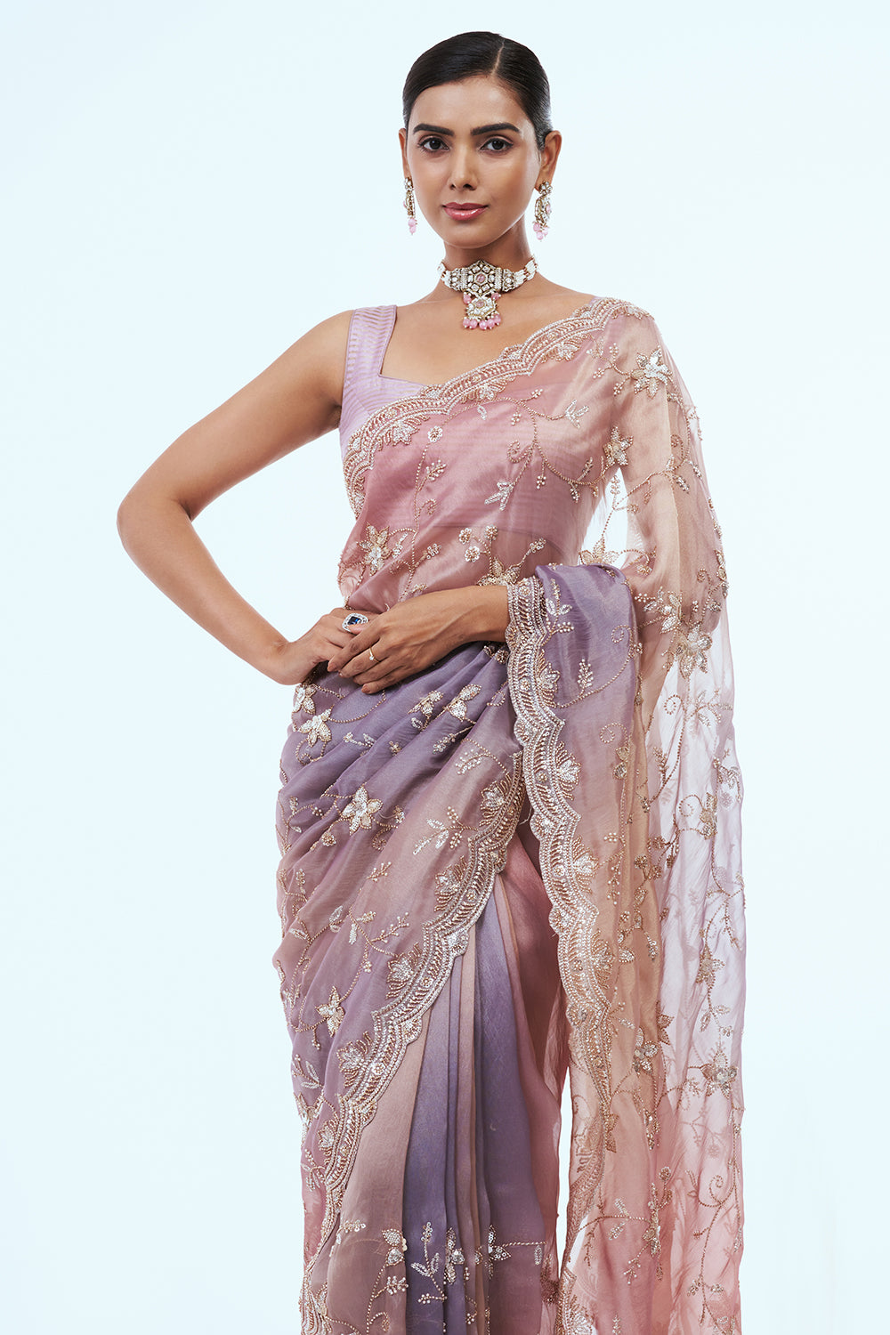 Old Rose Pink Shimmer Organza Saree with Zari Work