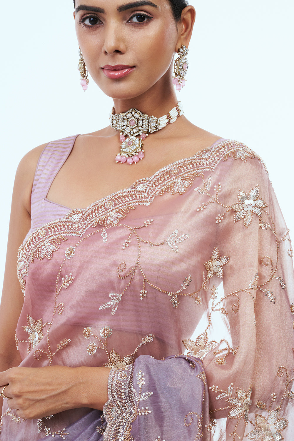 Old Rose Pink Shimmer Organza Saree with Zari Work