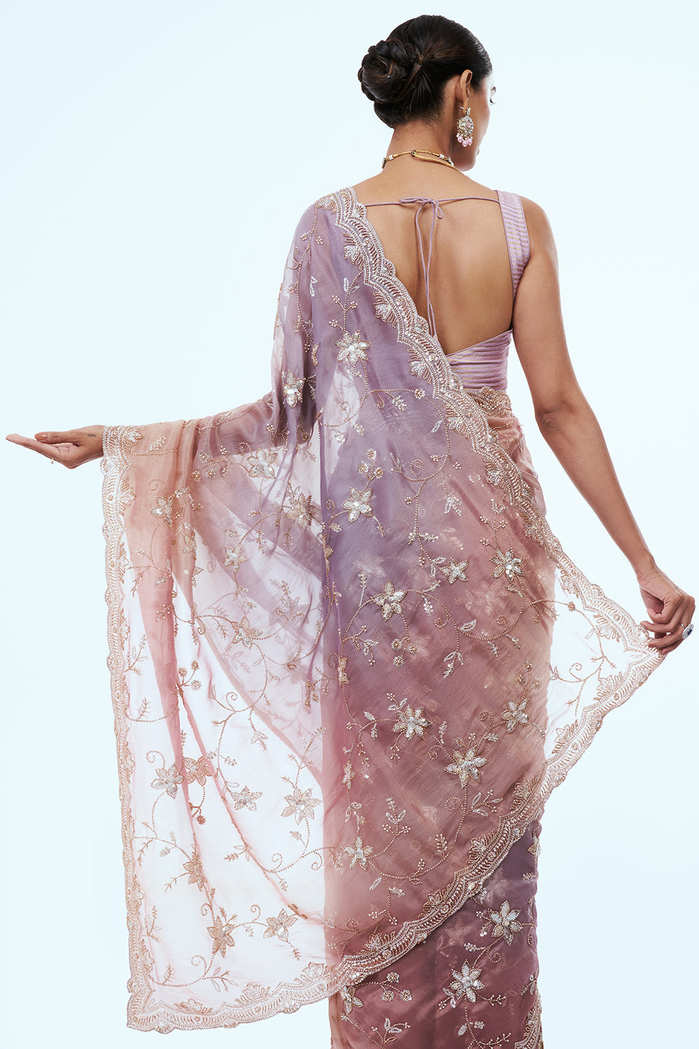 Old Rose Pink Shimmer Organza Saree with Zari Work
