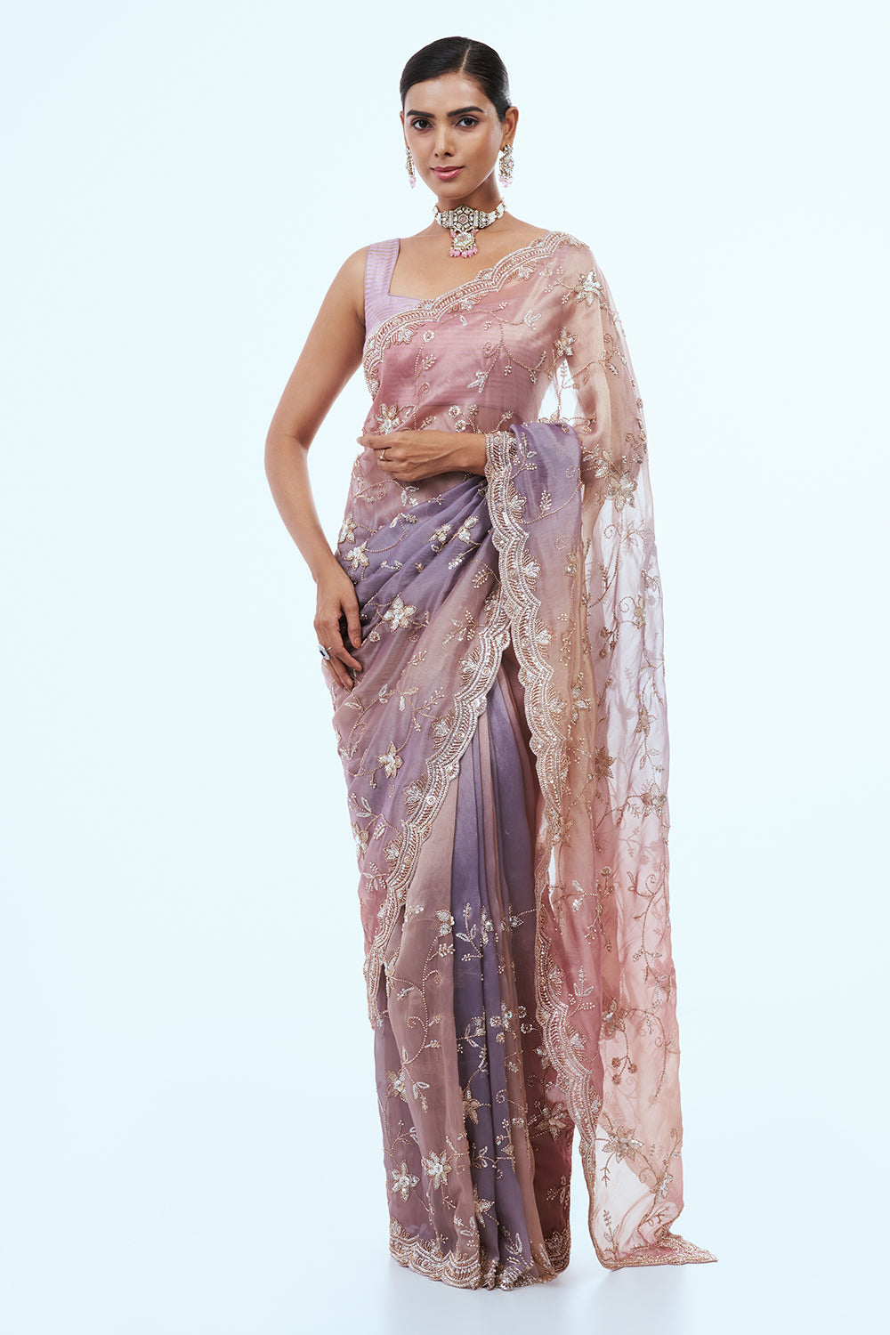 Old Rose Pink Shimmer Organza Saree with Zari Work
