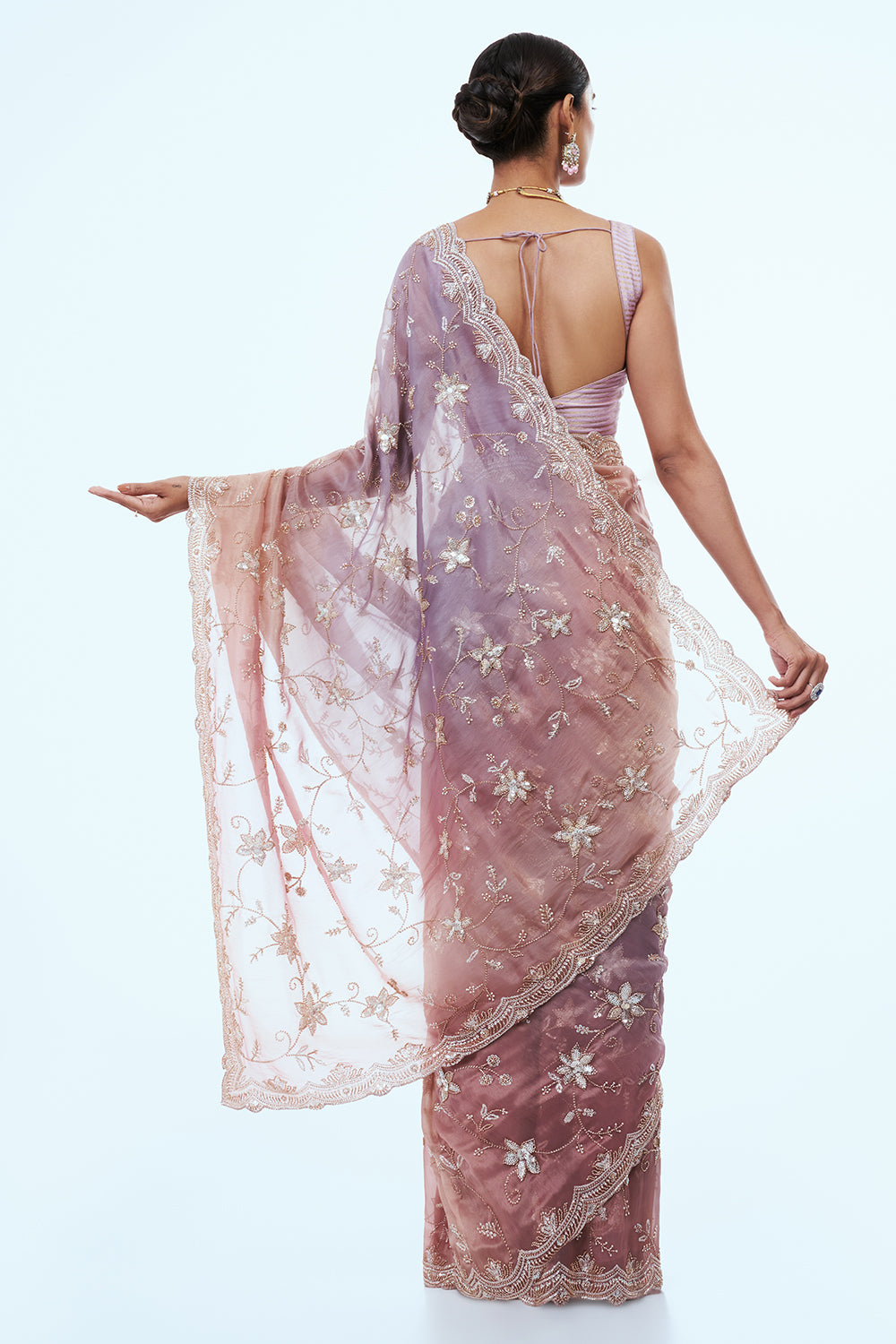 Old Rose Pink Shimmer Organza Saree with Zari Work