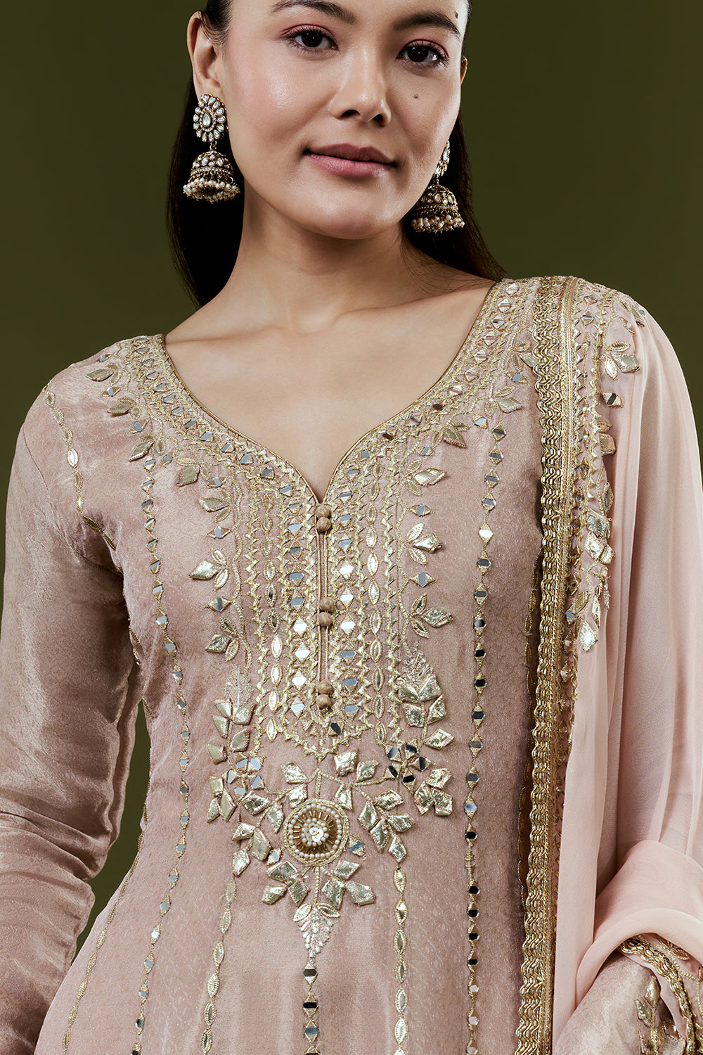 Old Rose Pink Shimmer Tissue Suit with Zari and Mirror Work and Farsi Pants