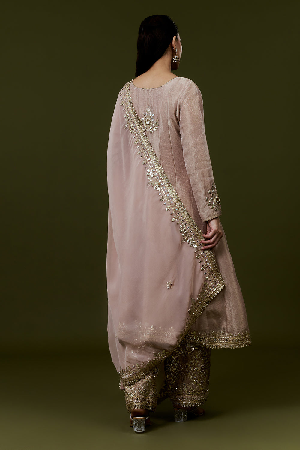 Old Rose Pink Shimmer Tissue Suit with Zari and Mirror Work and Farsi Pants
