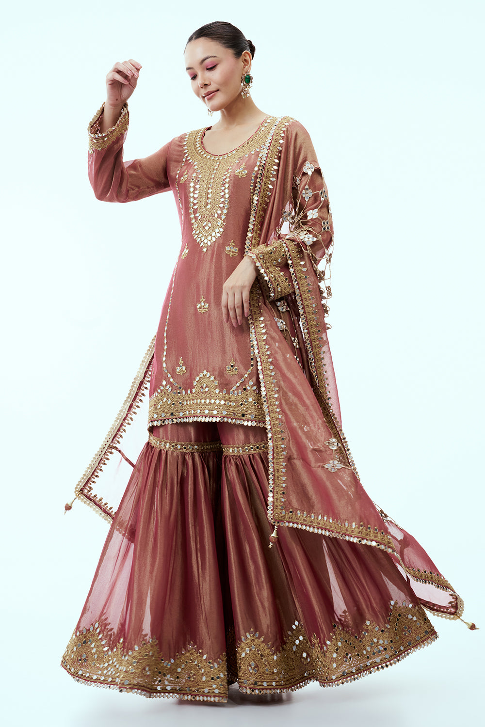 Old Rose Suit Shimmer Tissue Mirror and Zari with Gharara Pants and Cutwork Dupatta
