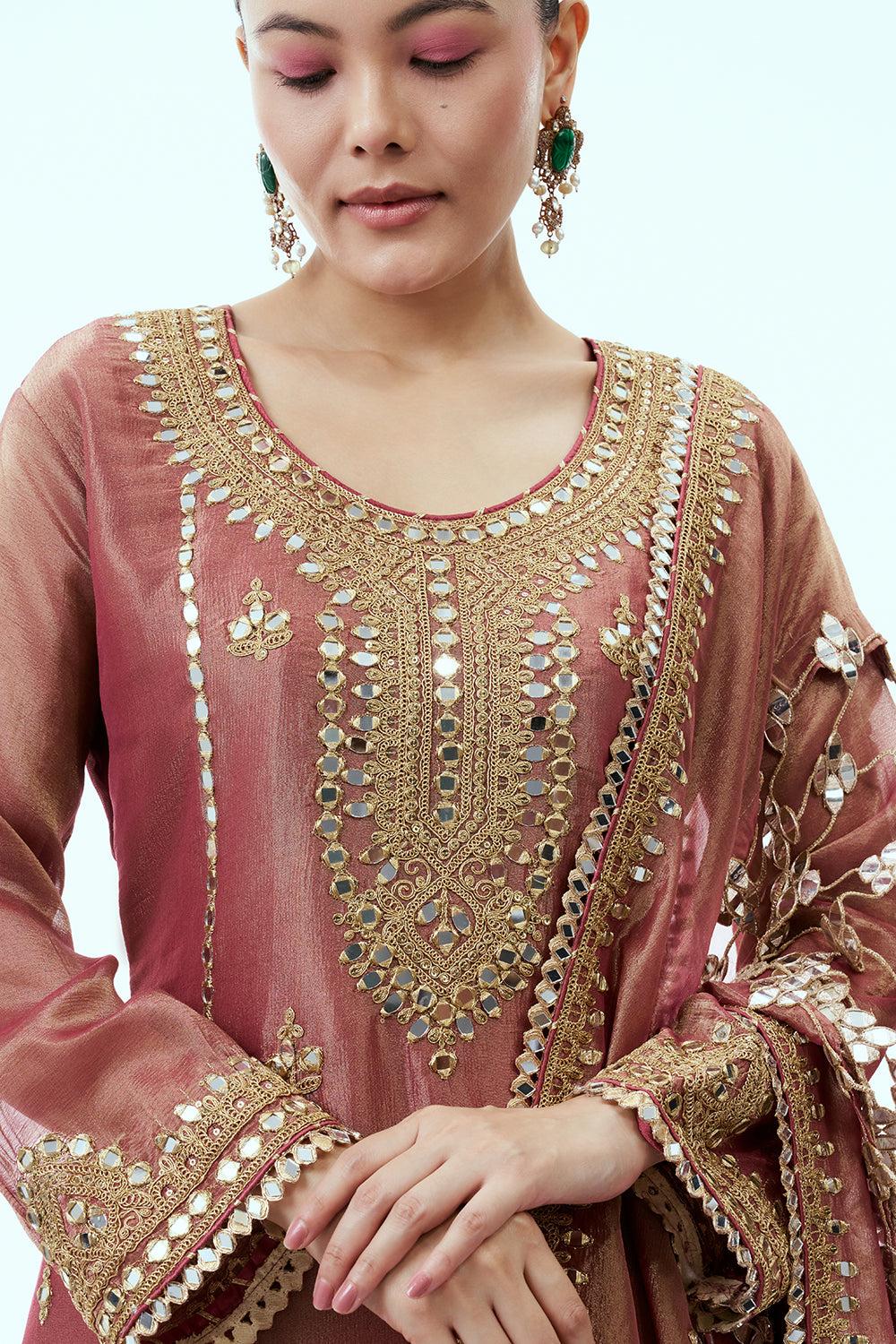 Old Rose Suit Shimmer Tissue Mirror and Zari with Gharara Pants and Cutwork Dupatta