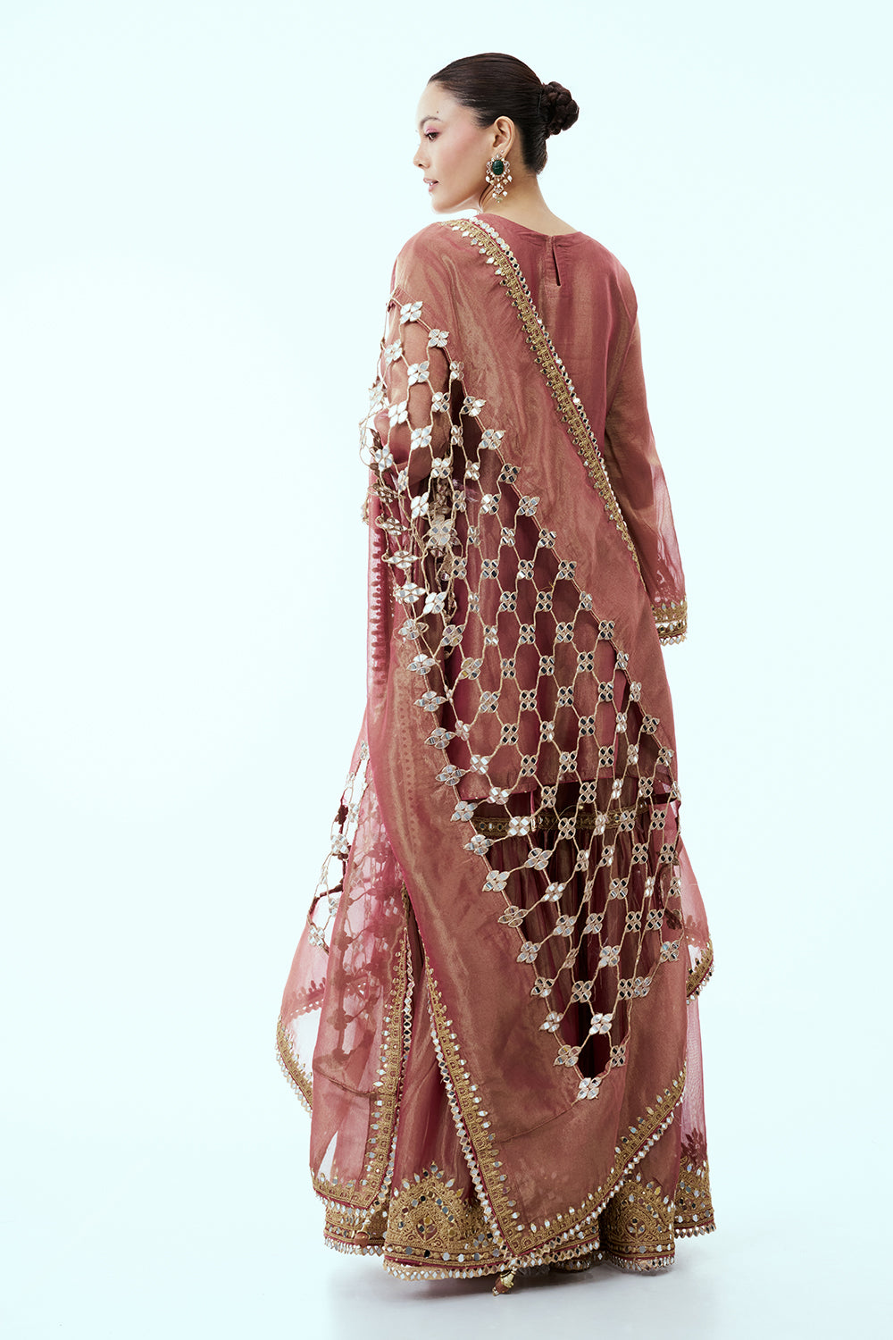 Old Rose Suit Shimmer Tissue Mirror and Zari with Gharara Pants and Cutwork Dupatta