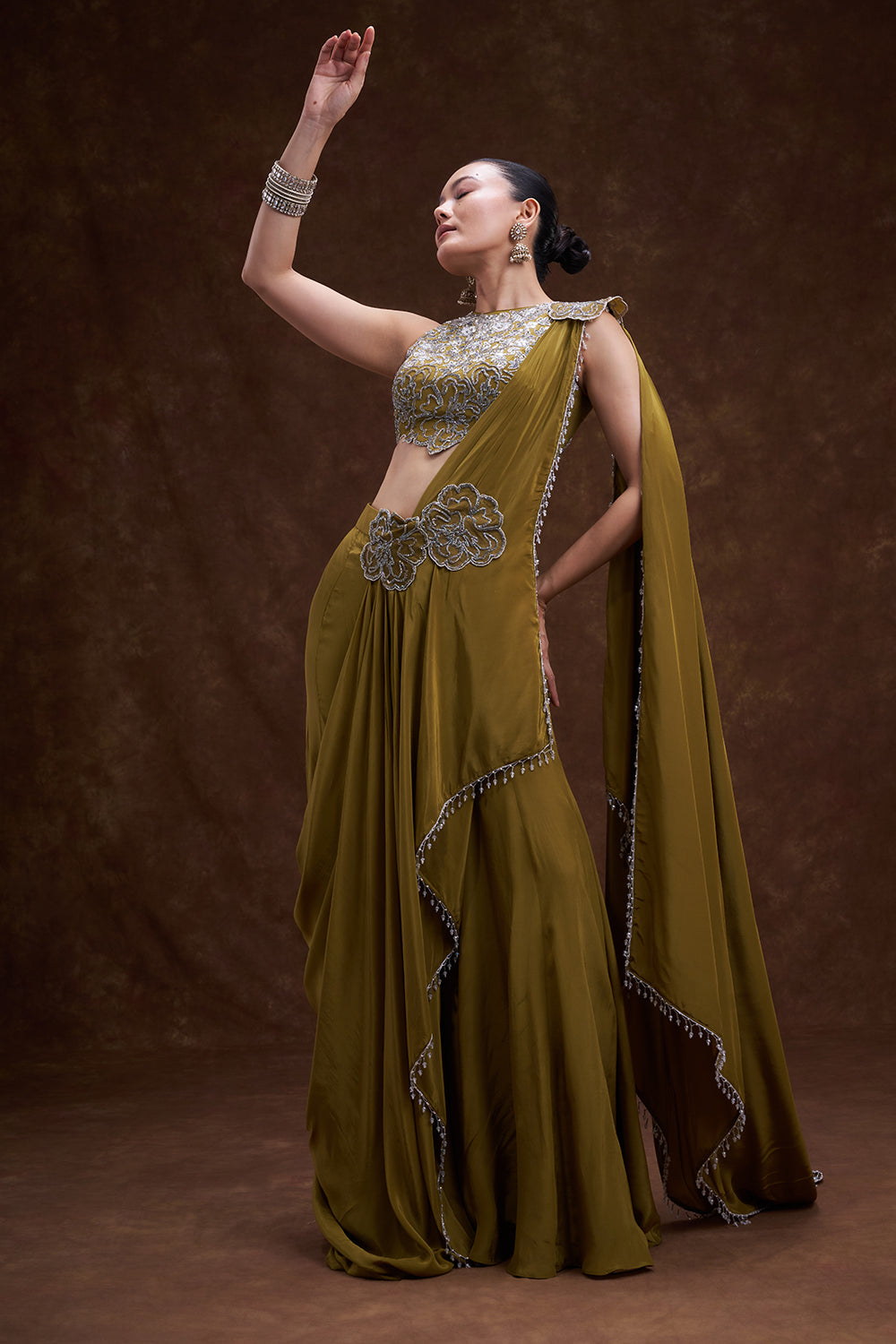 Olive Embellished Pre-Draped Saree Set