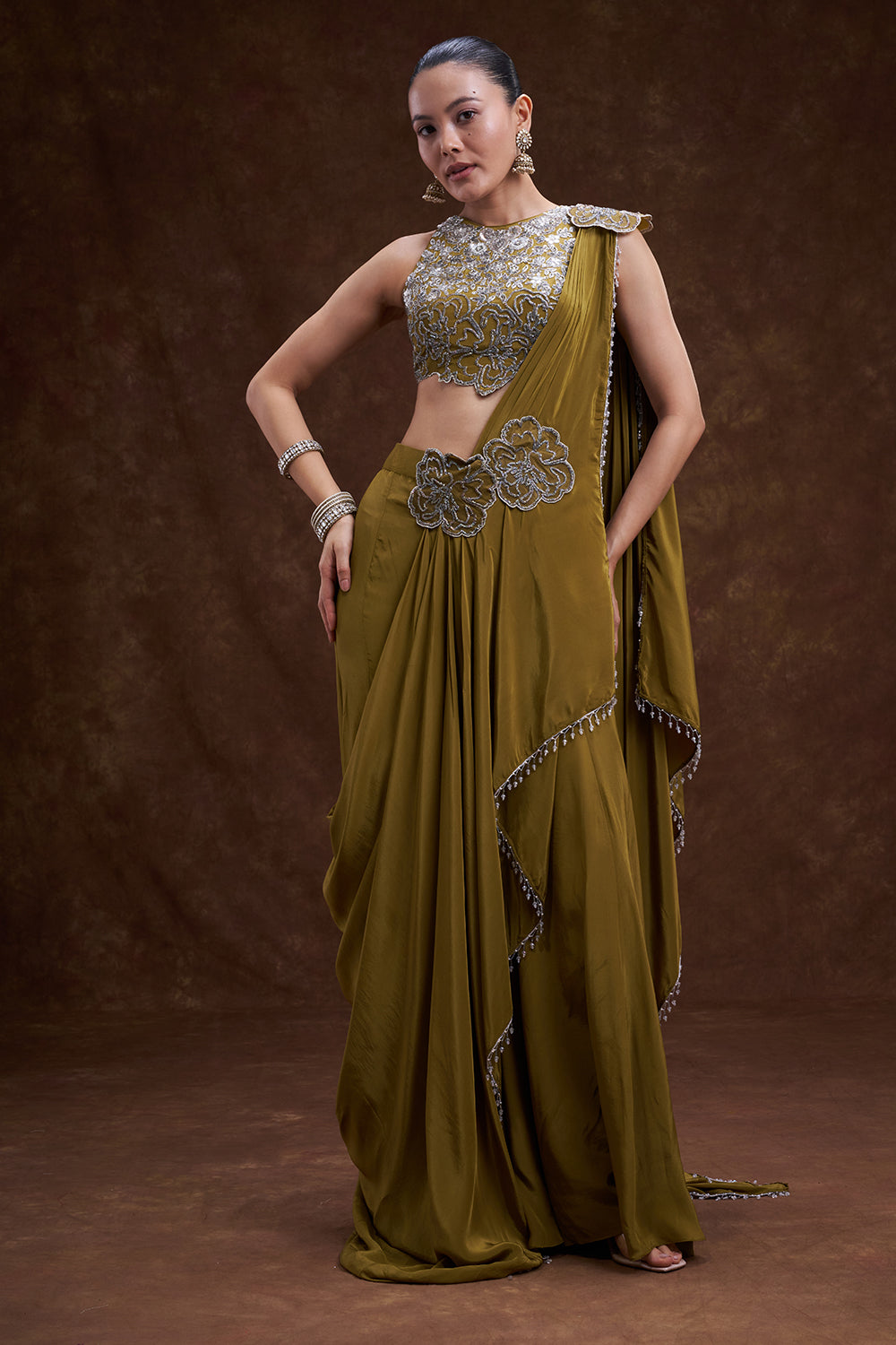 Olive Embellished Pre-Draped Saree Set