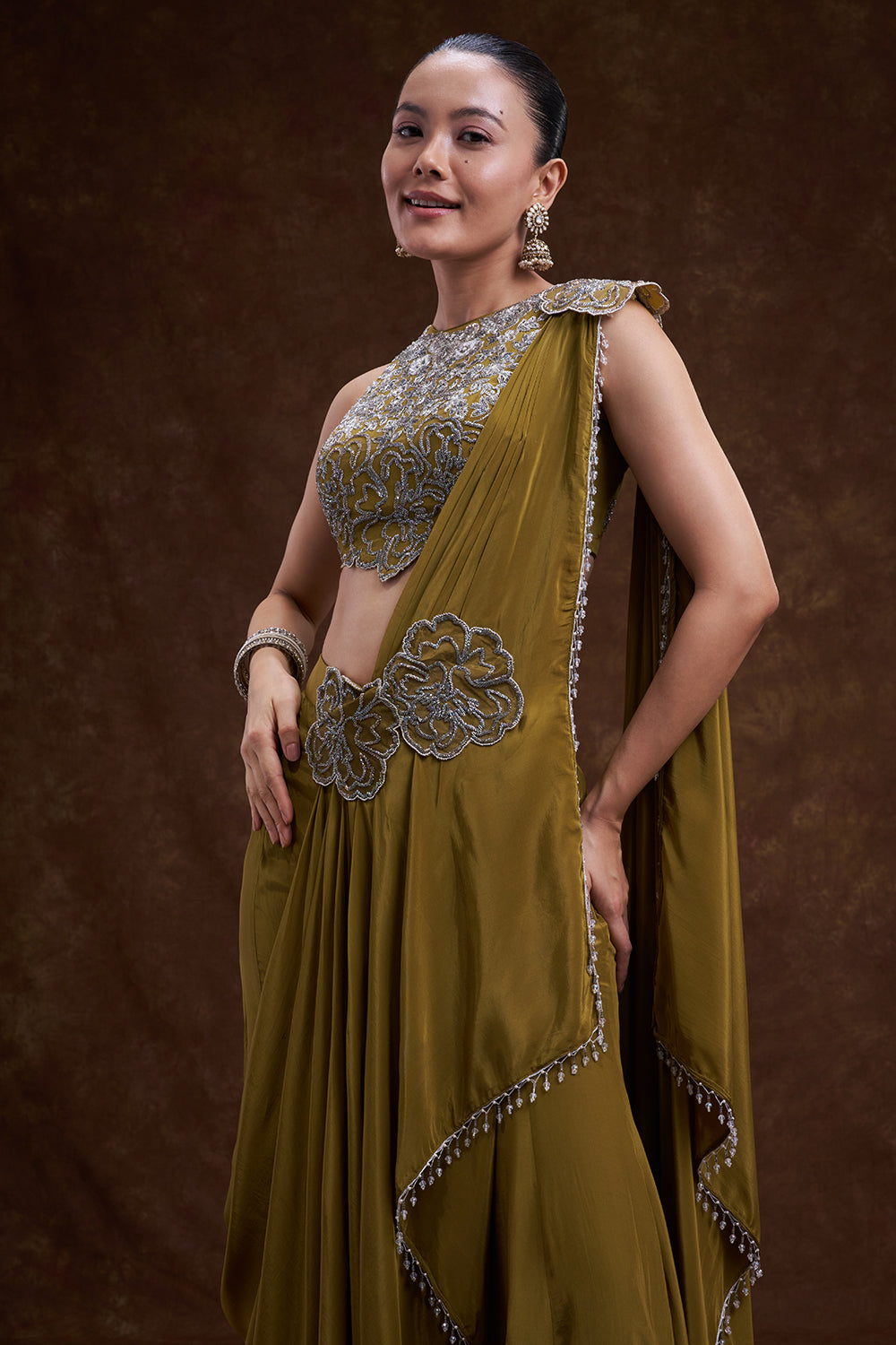 Olive Embellished Pre-Draped Saree Set