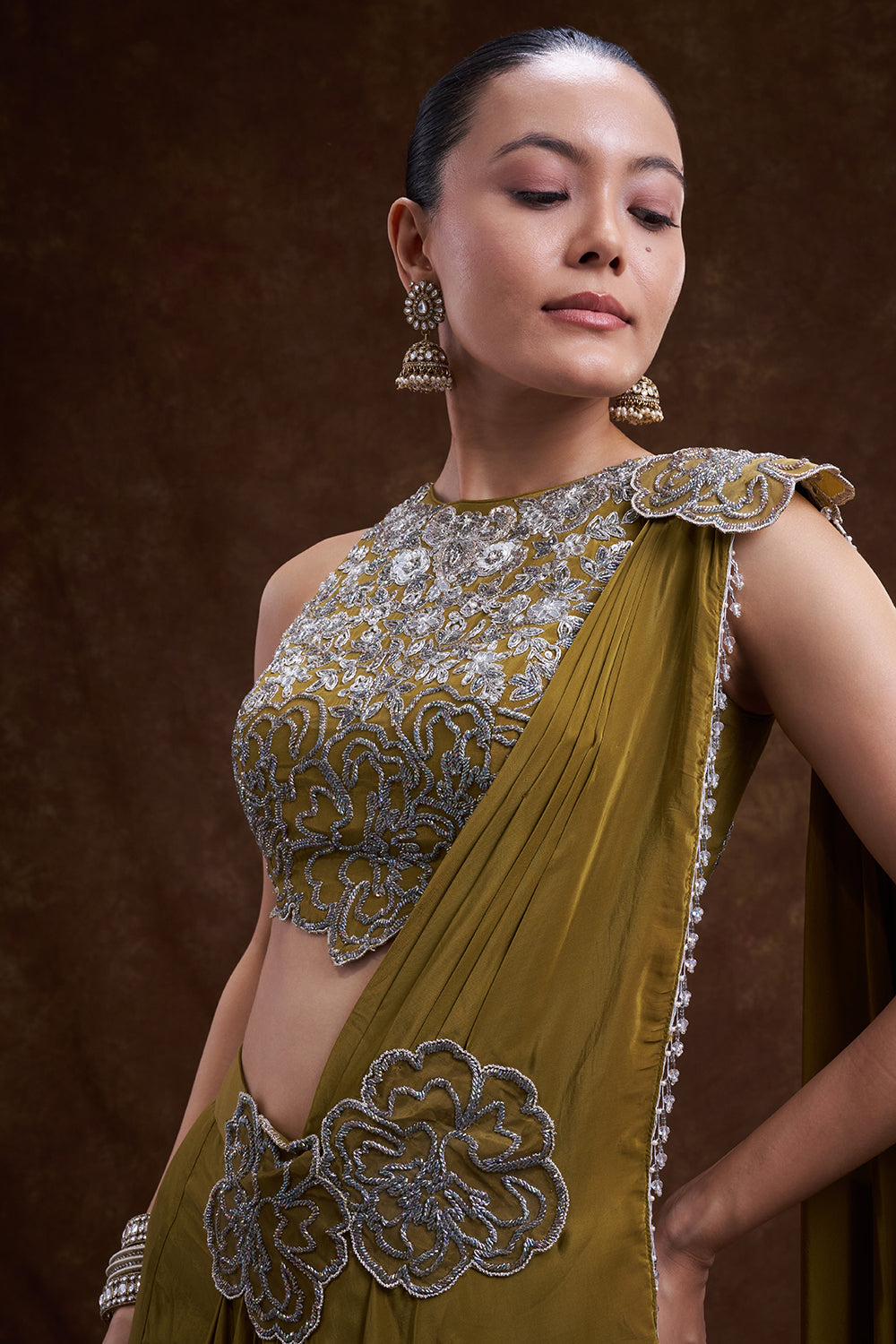 Olive Embellished Pre-Draped Saree Set