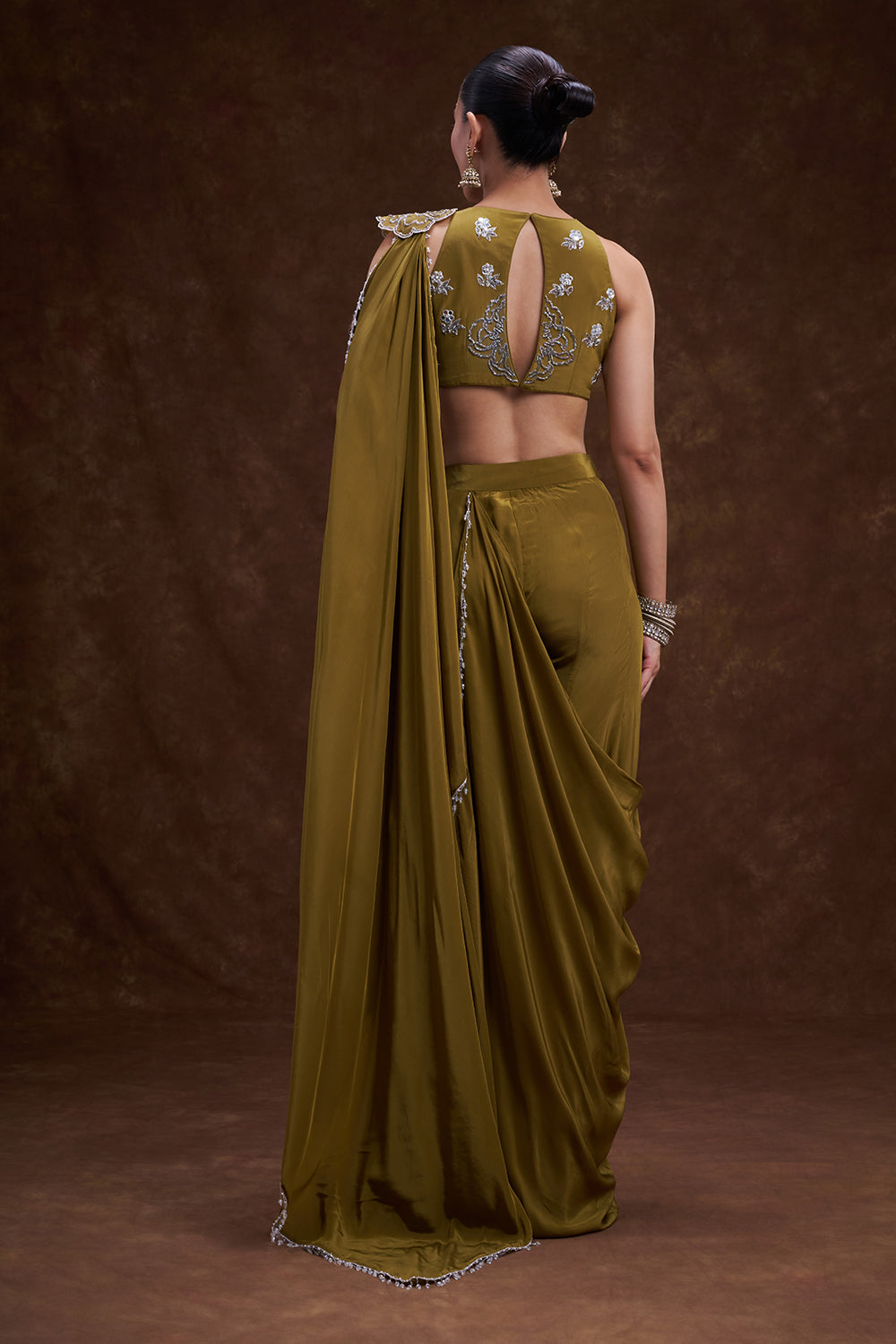 Olive Embellished Pre-Draped Saree Set