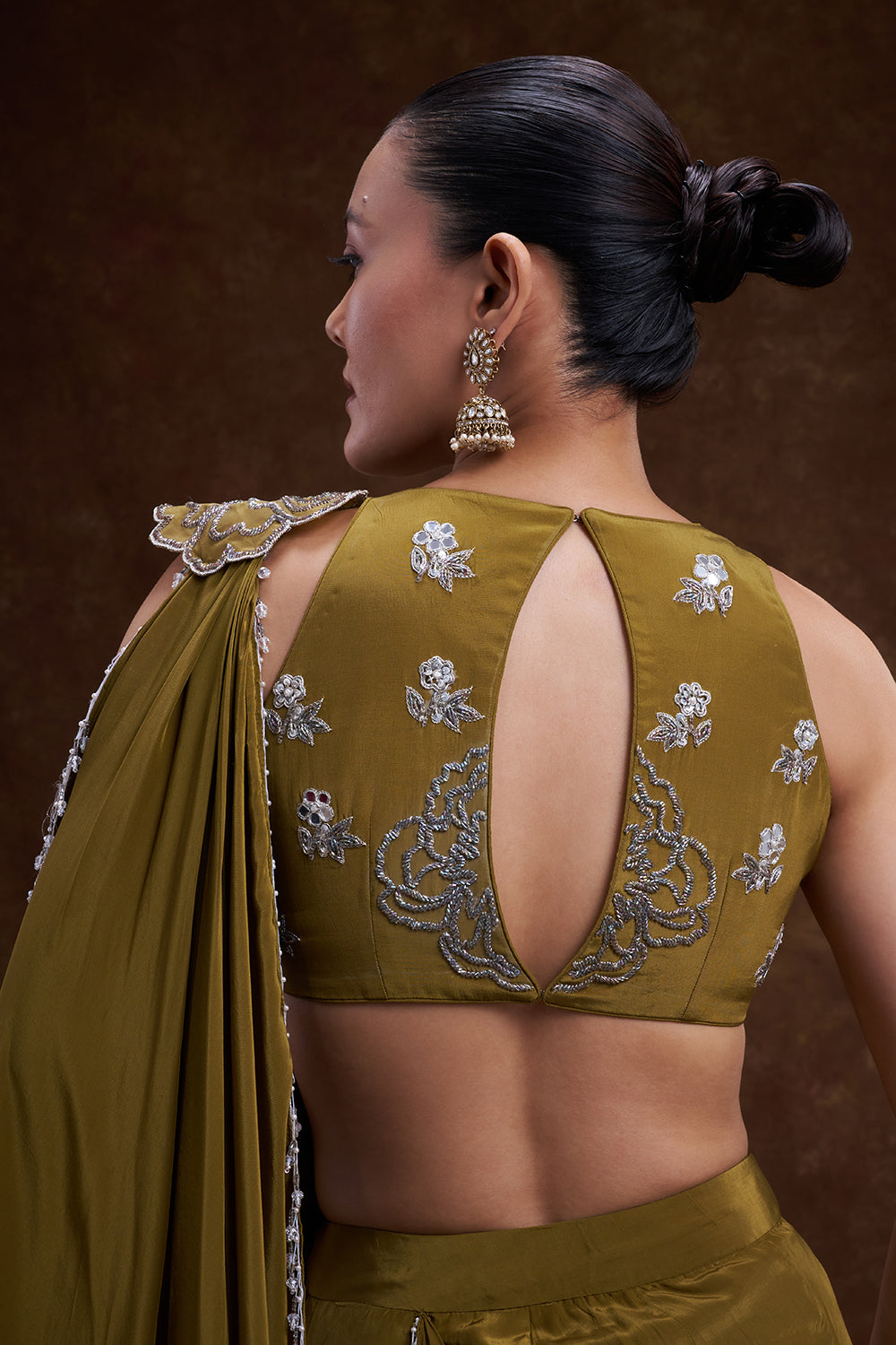 Olive Embellished Pre-Draped Saree Set