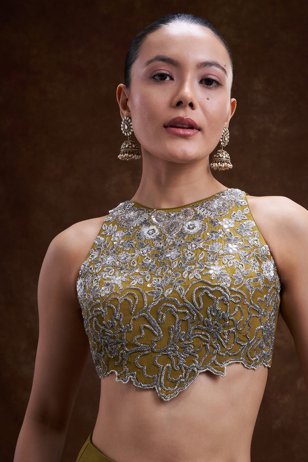 Olive Embellished Pre-Draped Saree Set