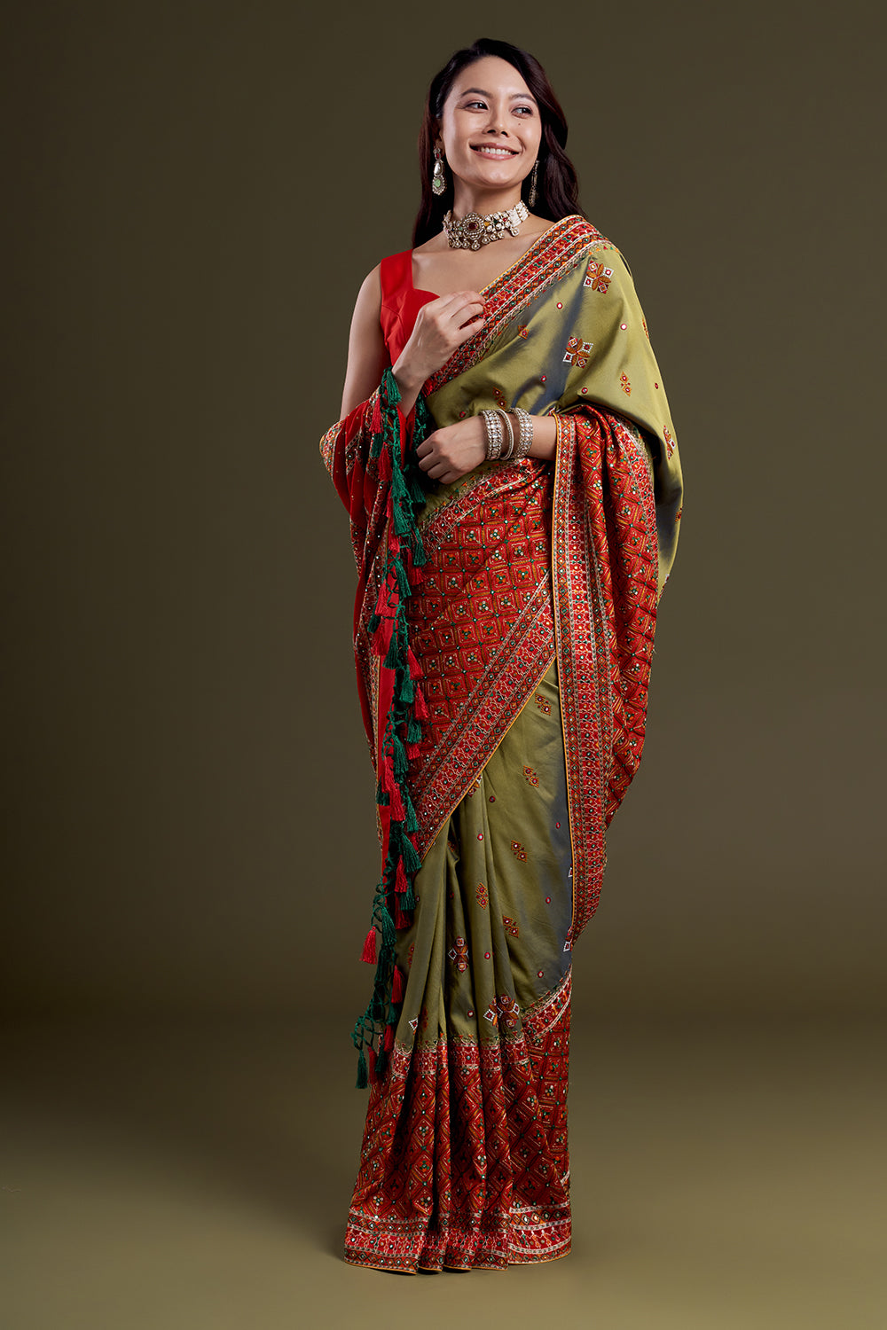 Olive Embroidered Soft Silk Festive Saree