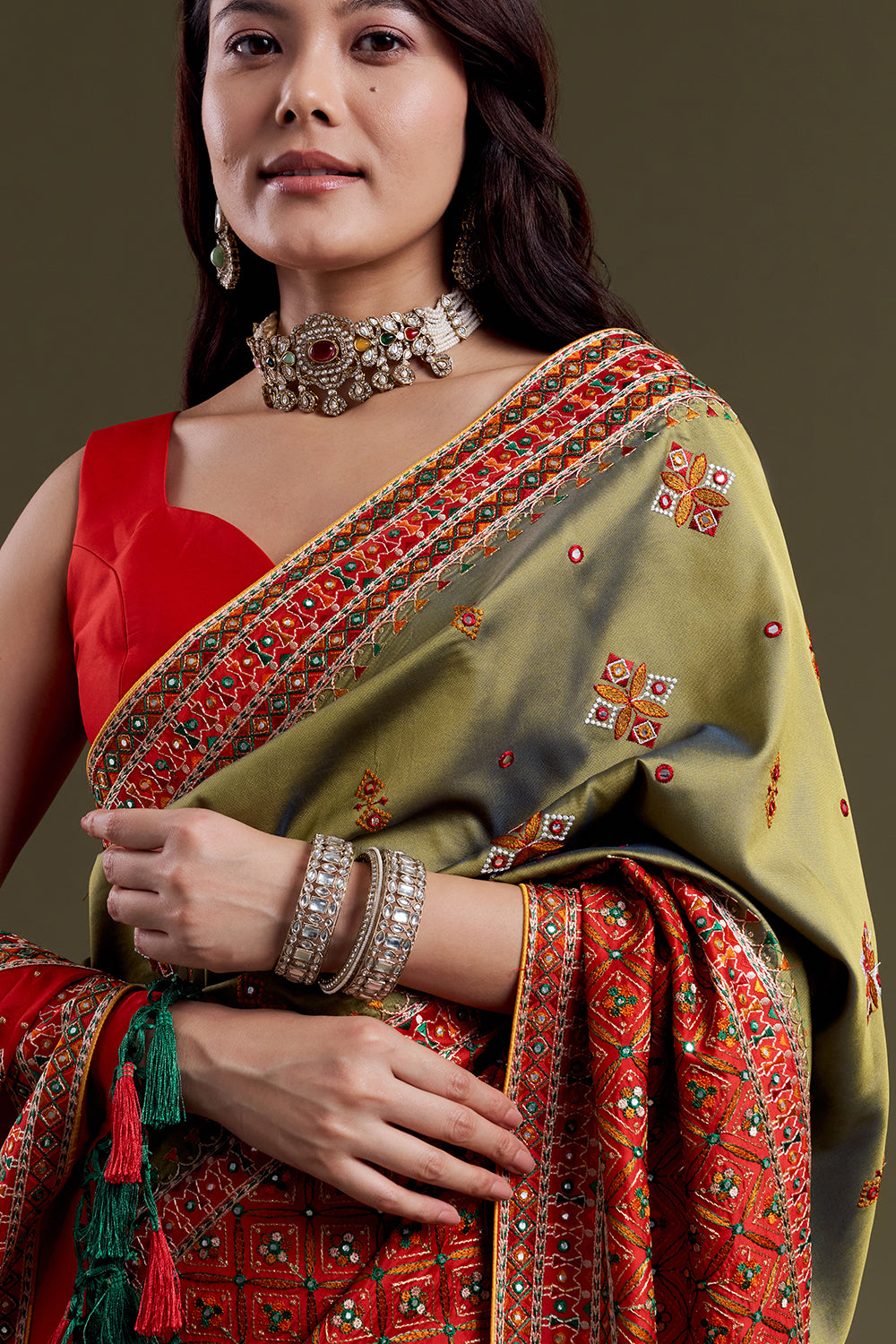 Olive Embroidered Soft Silk Festive Saree
