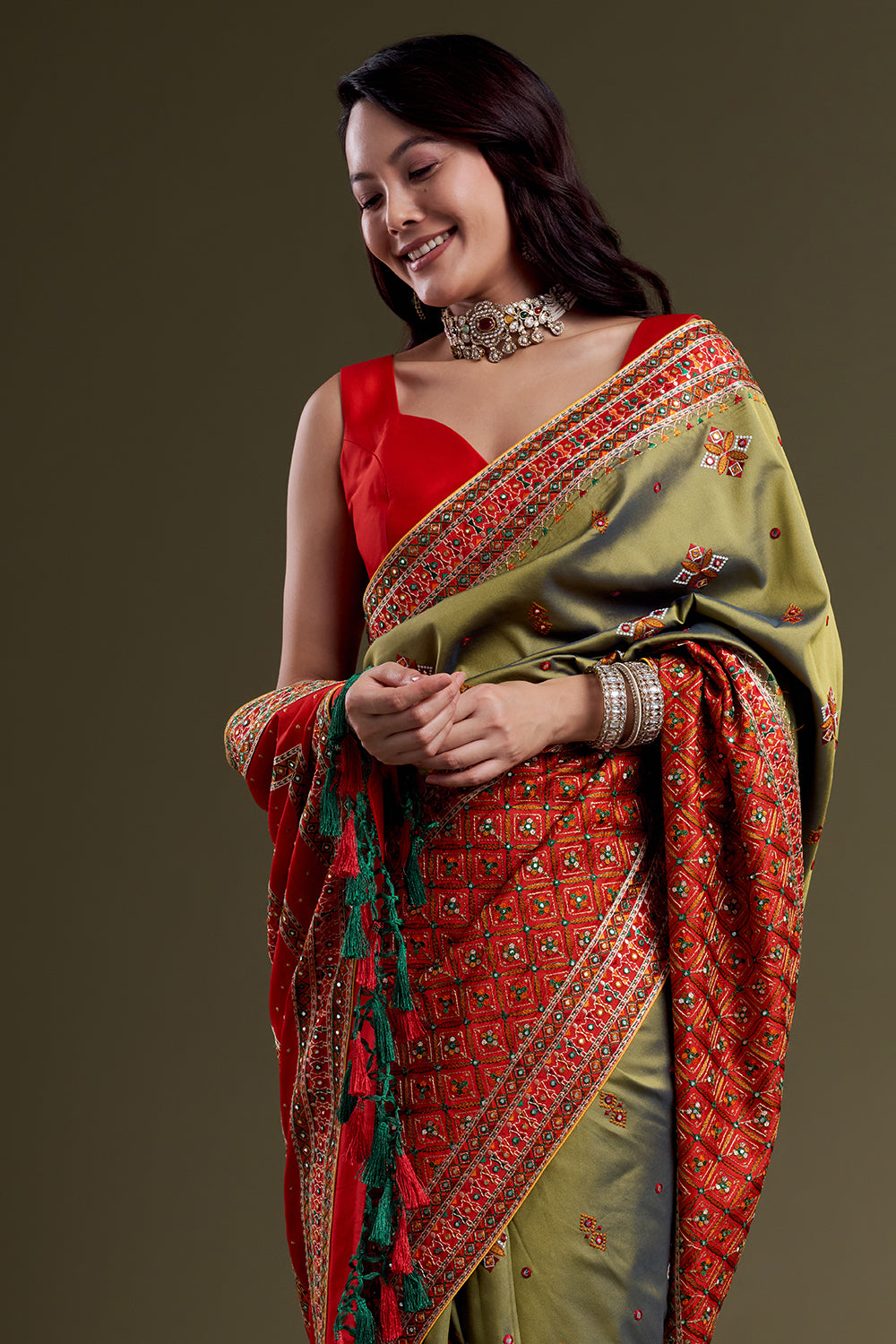 Olive Embroidered Soft Silk Festive Saree