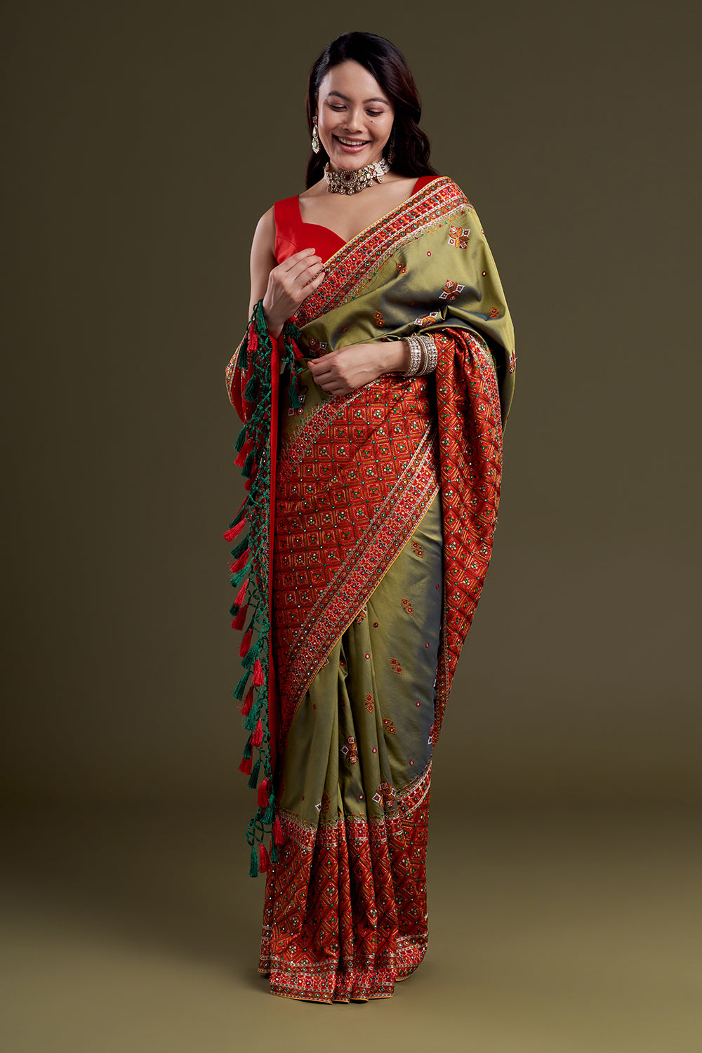 Olive Embroidered Soft Silk Festive Saree