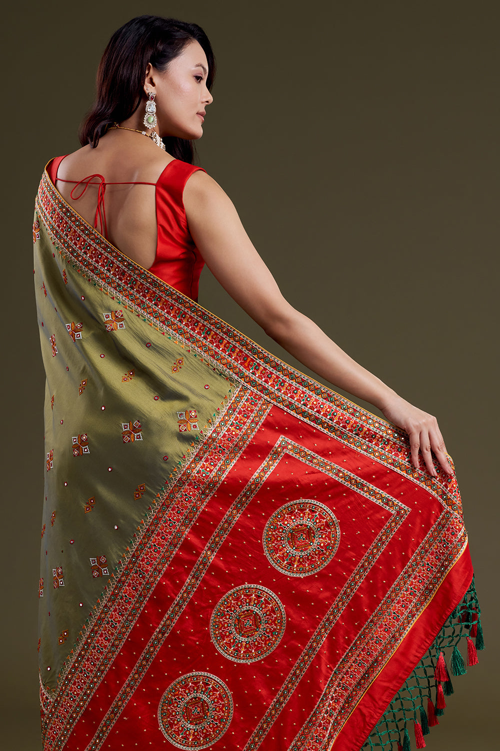Olive Embroidered Soft Silk Festive Saree