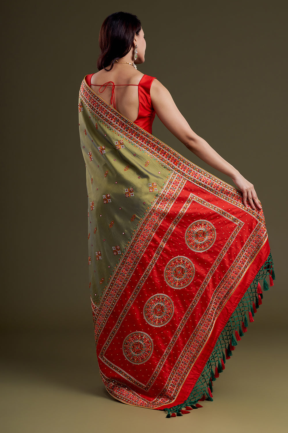 Olive Embroidered Soft Silk Festive Saree