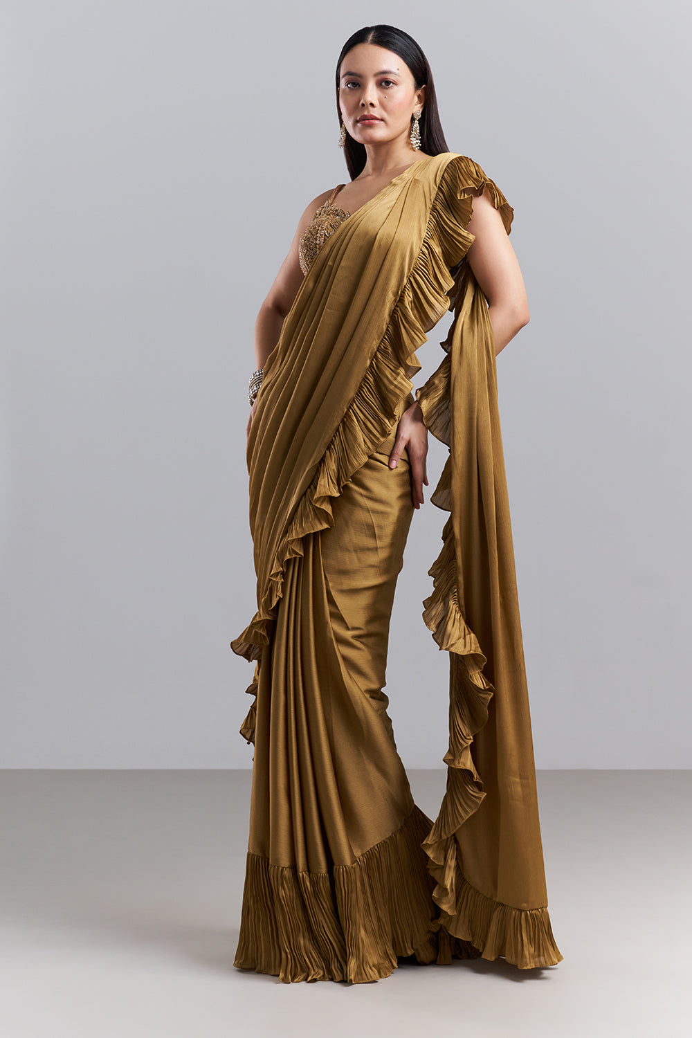 Olive Gold Ruffle Border Saree