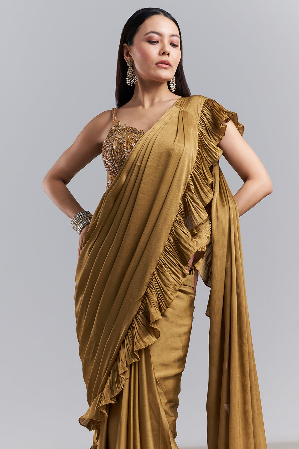 Olive Gold Ruffle Border Saree