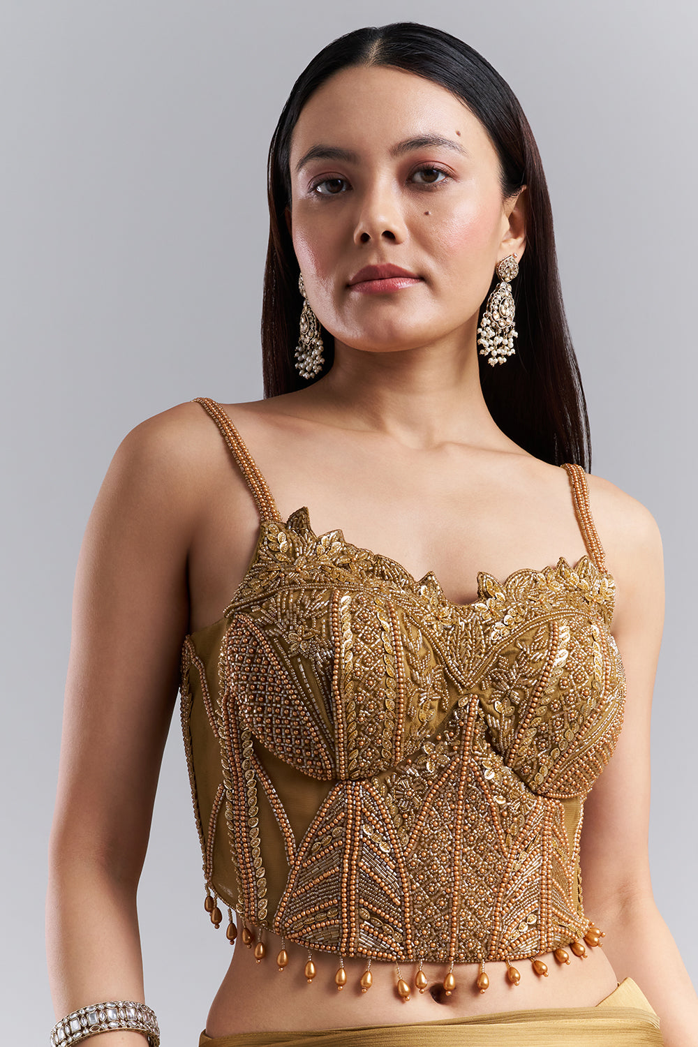 Olive Gold Ruffle Border Saree