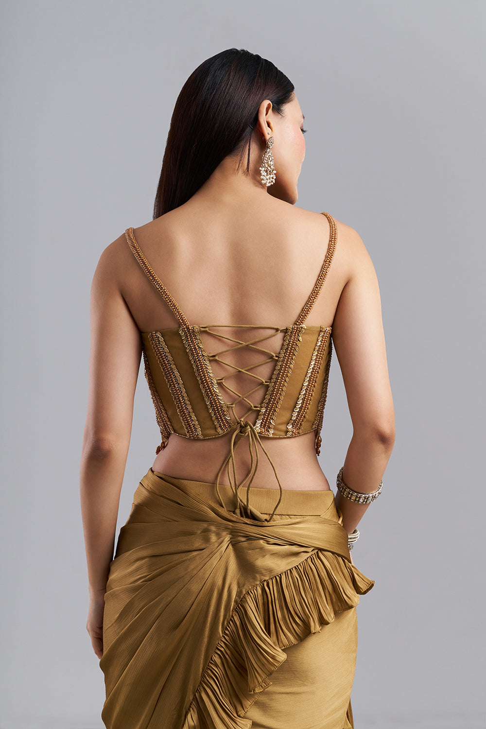Olive Gold Ruffle Border Saree