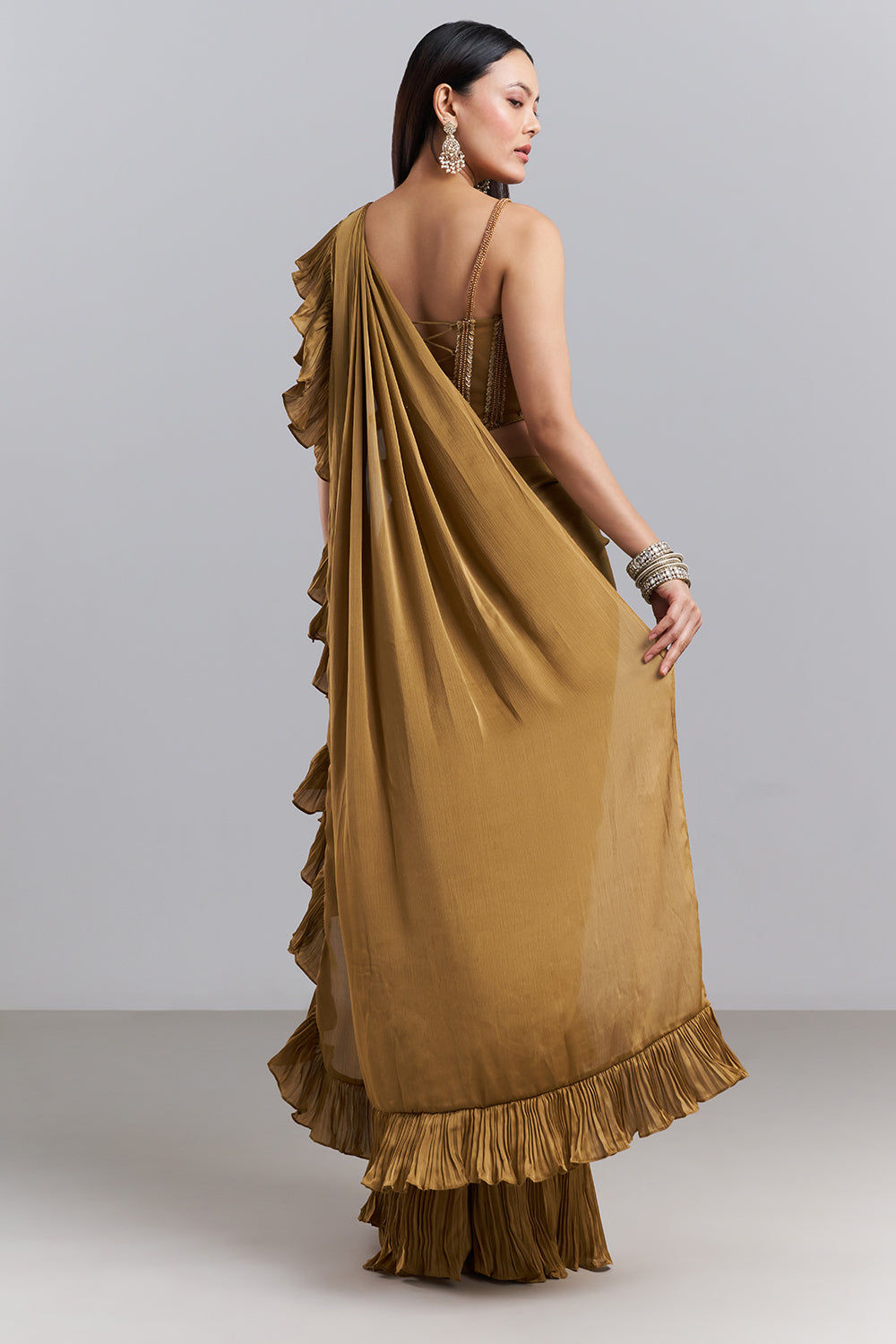 Olive Gold Ruffle Border Saree