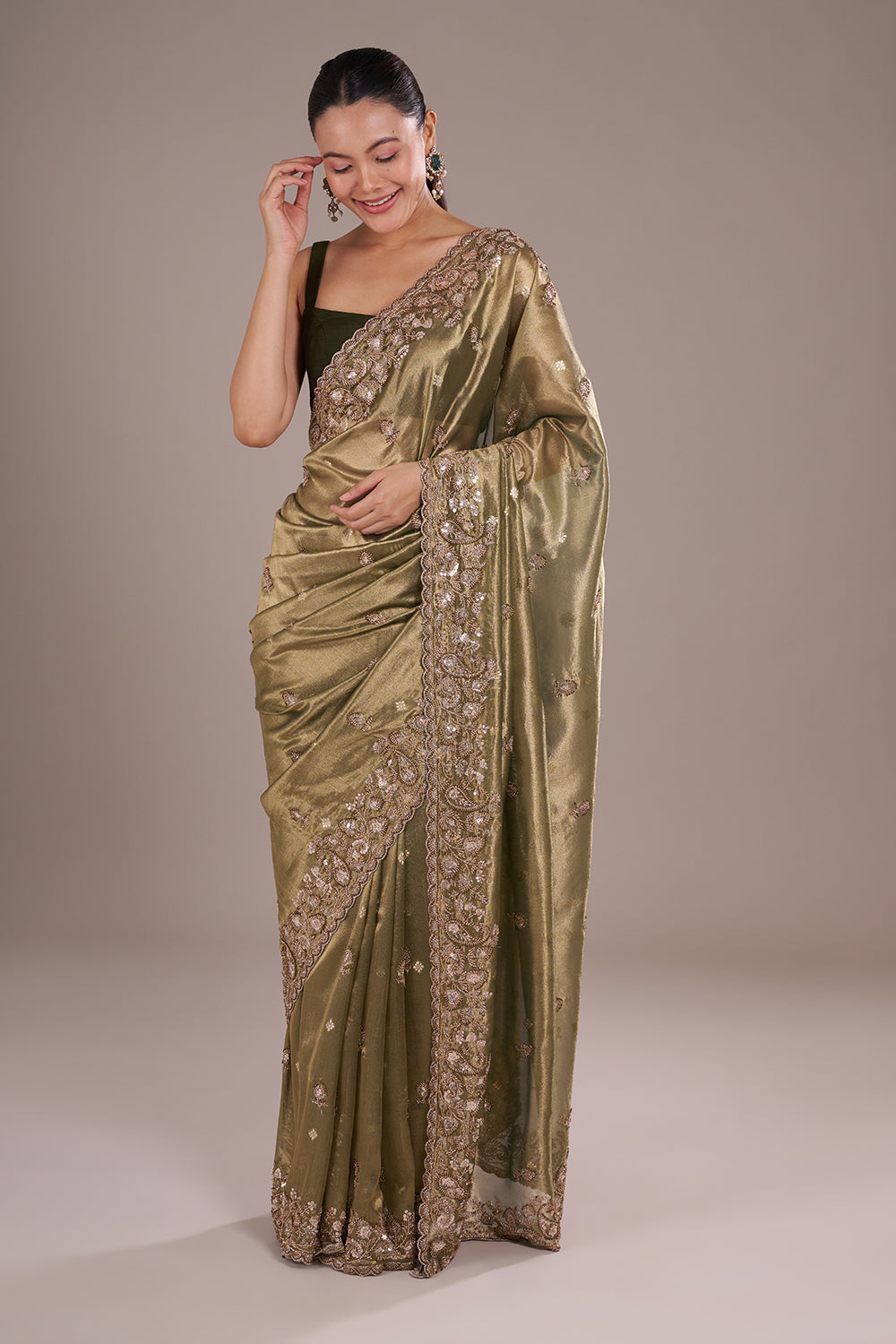 Olive Gold Shimmer Saree with Sequinned Border and Unstitched Blouse