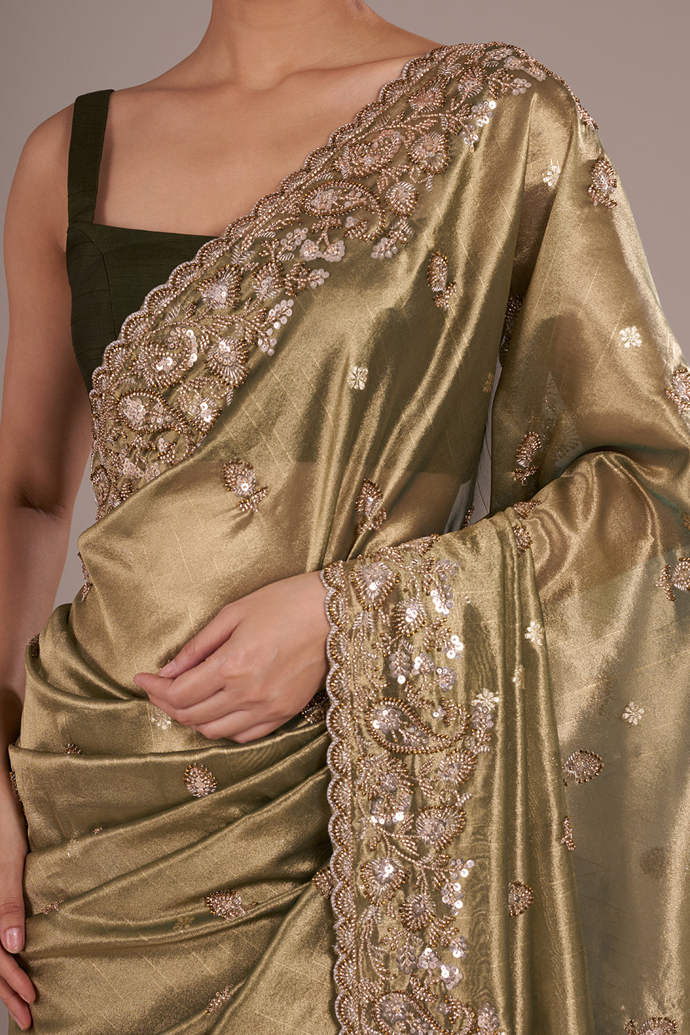 Olive Gold Shimmer Saree with Sequinned Border and Unstitched Blouse