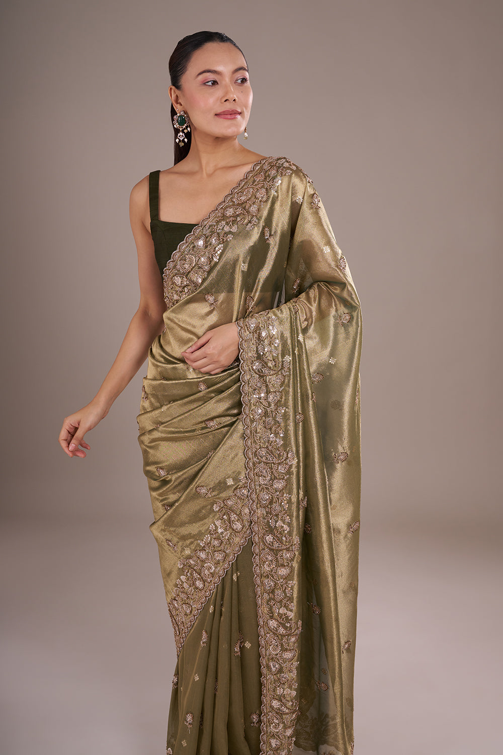 Olive Gold Shimmer Saree with Sequinned Border and Unstitched Blouse