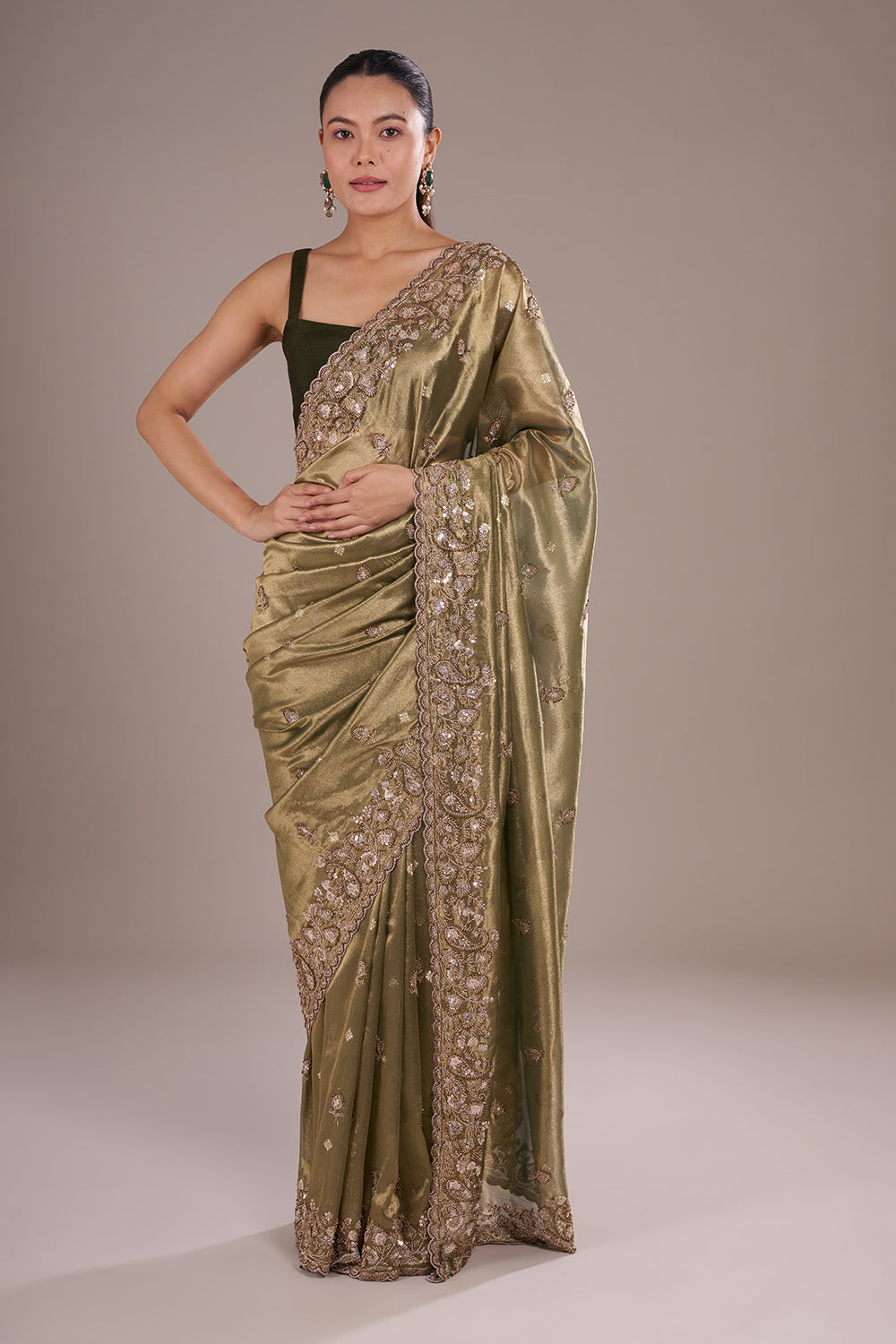 Olive Gold Shimmer Saree with Sequinned Border and Unstitched Blouse