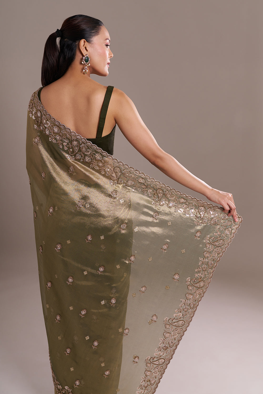 Olive Gold Shimmer Saree with Sequinned Border and Unstitched Blouse