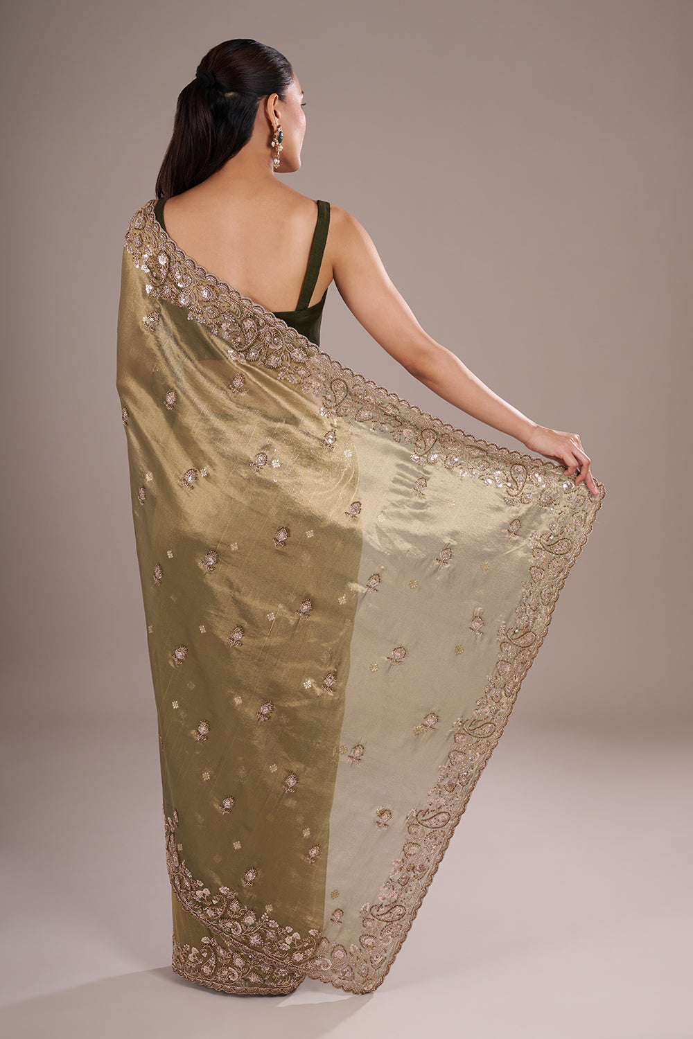 Olive Gold Shimmer Saree with Sequinned Border and Unstitched Blouse