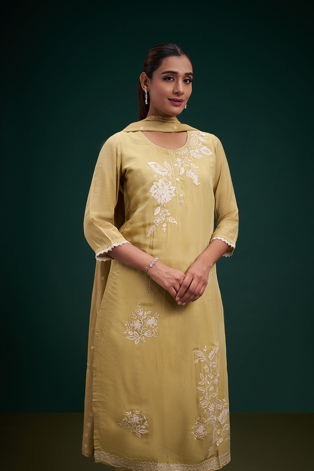 Olive Green Chinon Salwar Suit with Resham Work