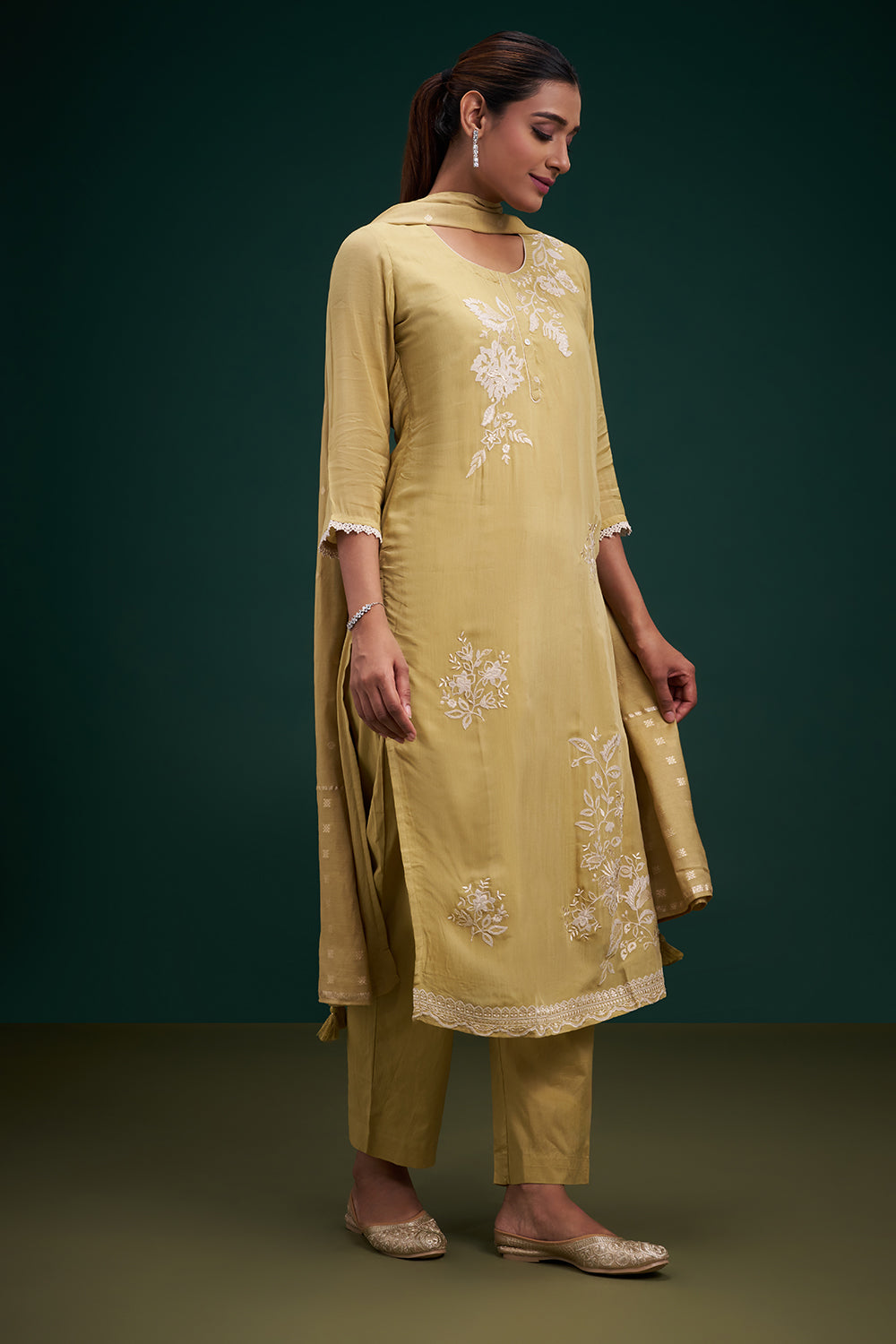Olive Green Chinon Salwar Suit with Resham Work