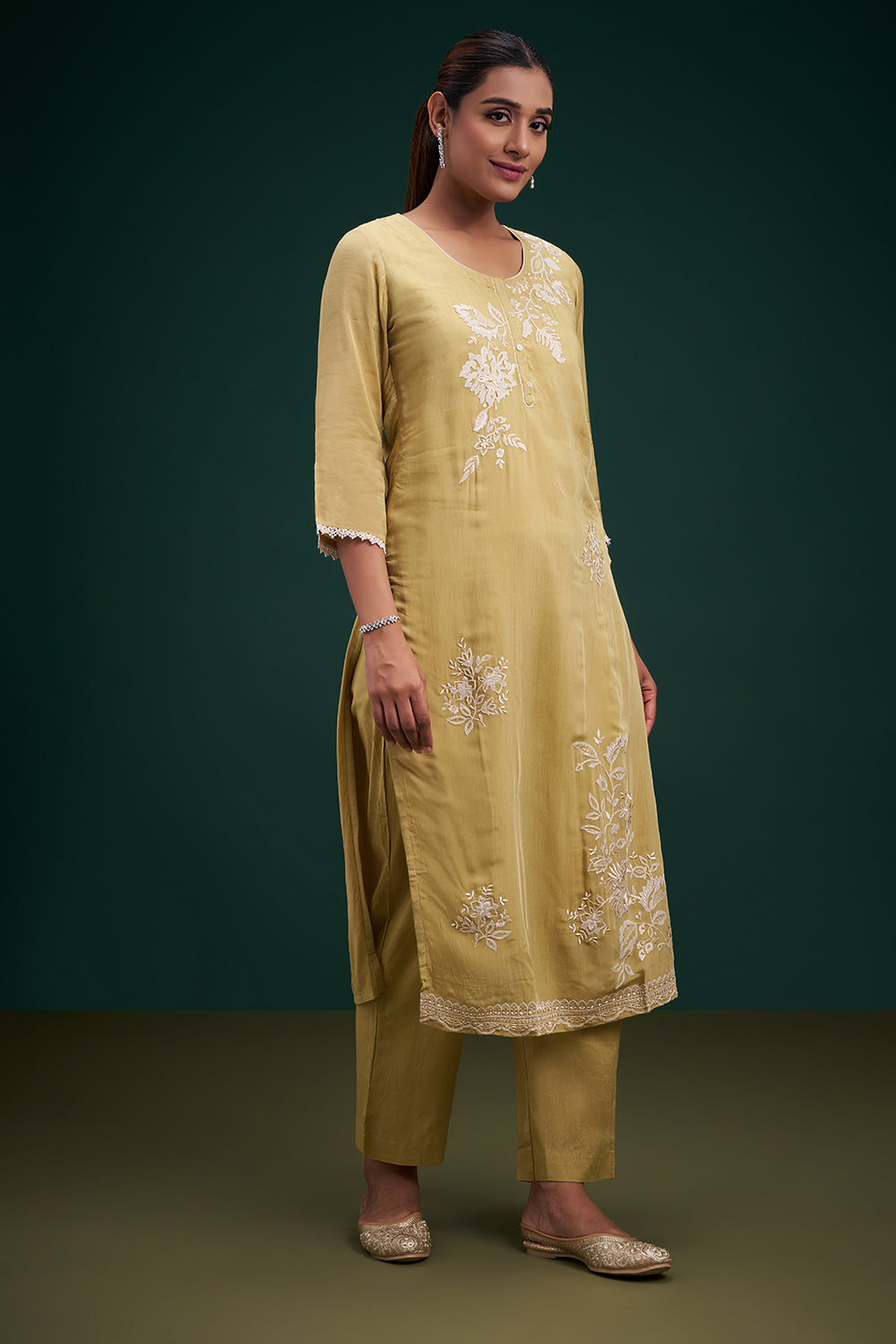 Olive Green Chinon Salwar Suit with Resham Work